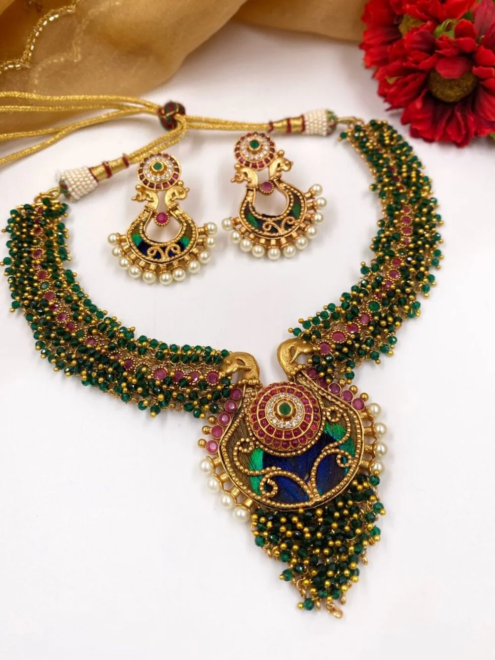 Designer Gold Plated Peacock Design Temple Necklace Set For Women By Gehna Shop