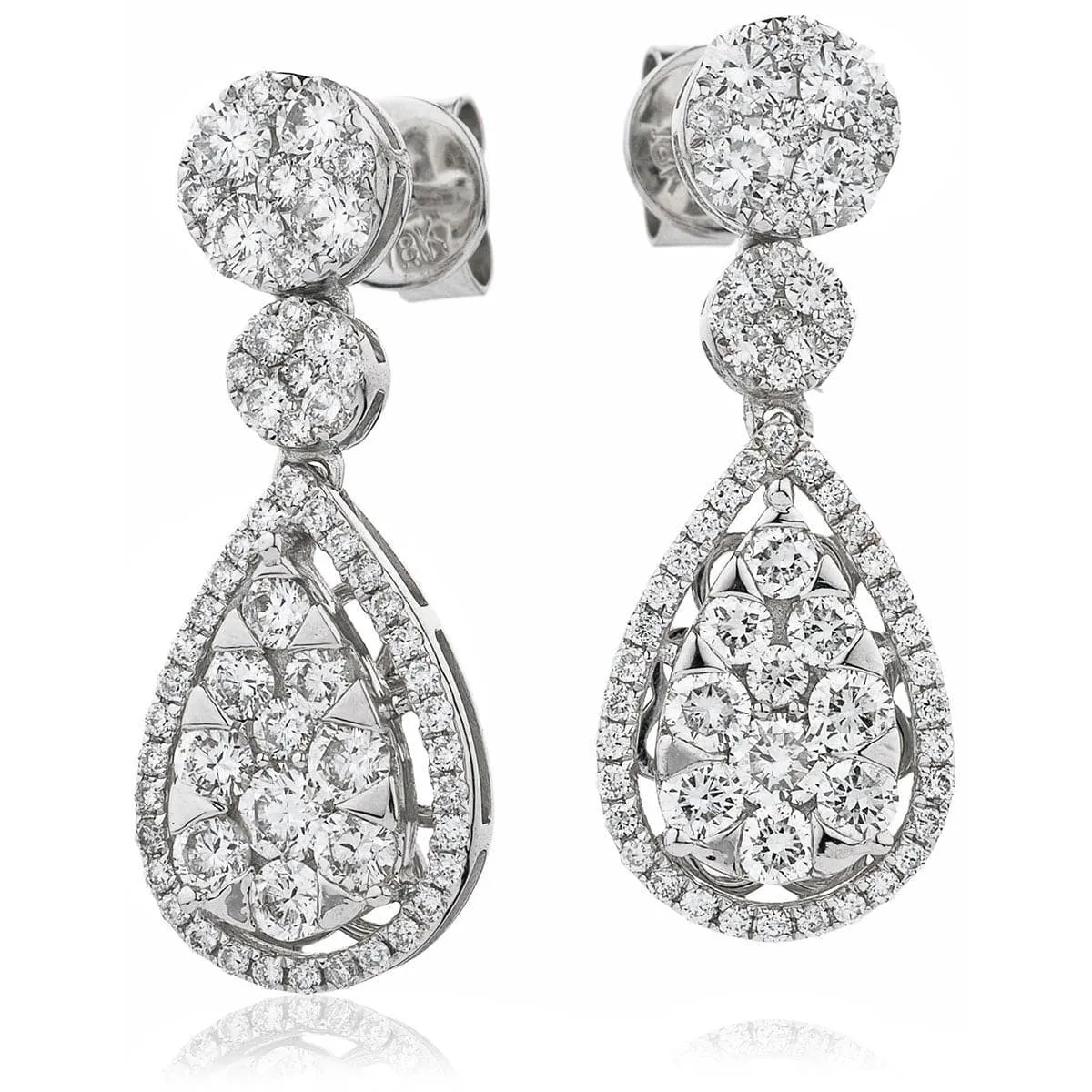 DIAMOND CLUSTER DROP EARRINGS IN 18K WHITE GOLD