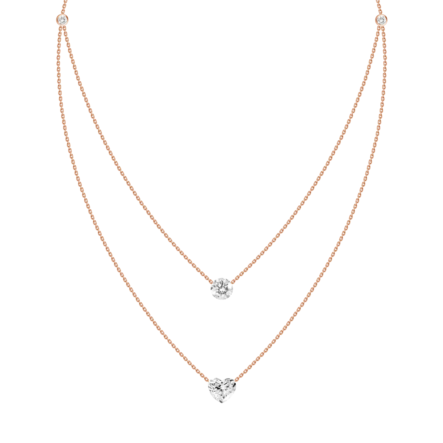 Double Row Multishape Solitaires (  Heart) Diamond Layered Necklace