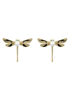 Dragonfly Pearl And Enamel Stud Earrings Gold