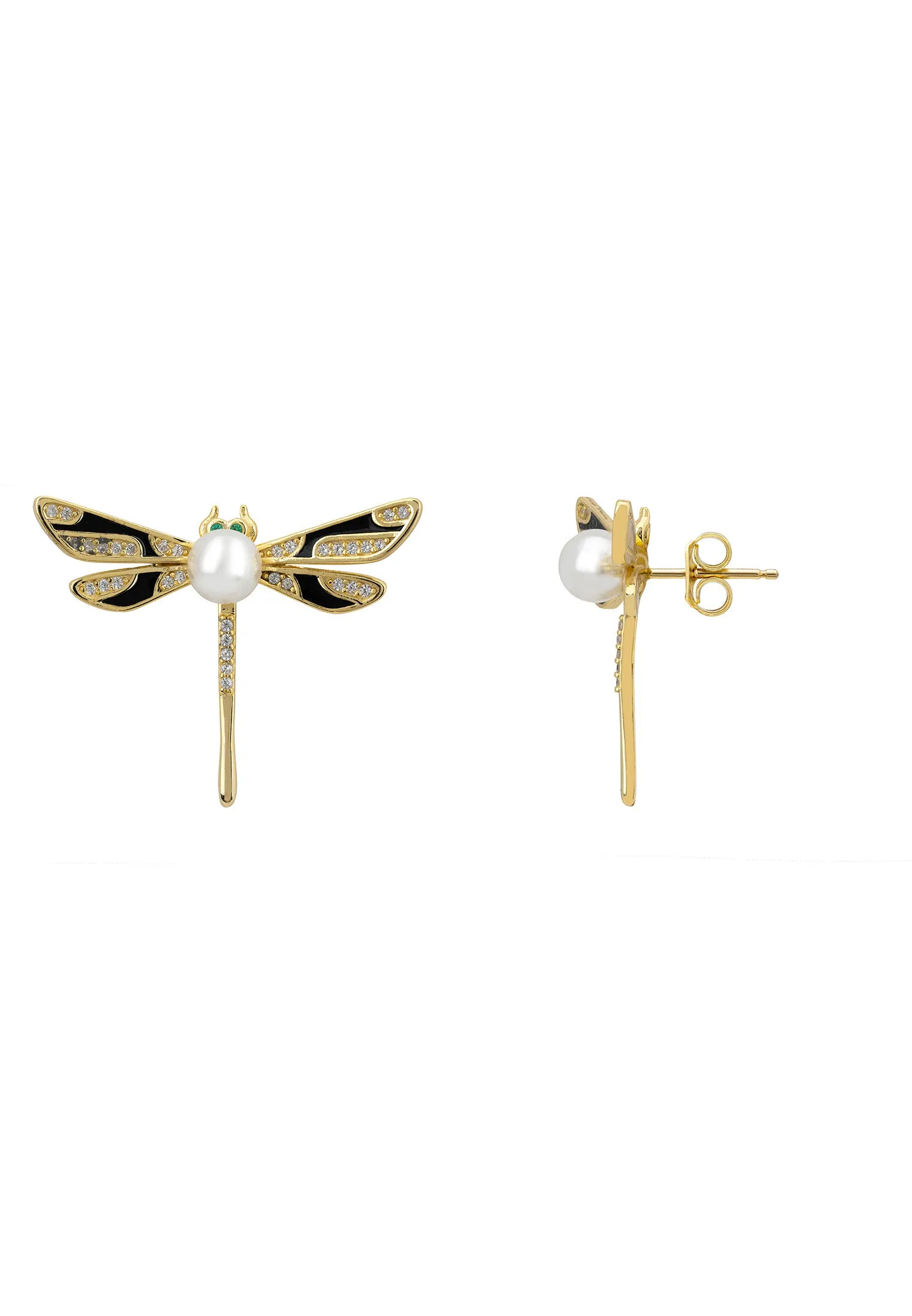 Dragonfly Pearl And Enamel Stud Earrings Gold