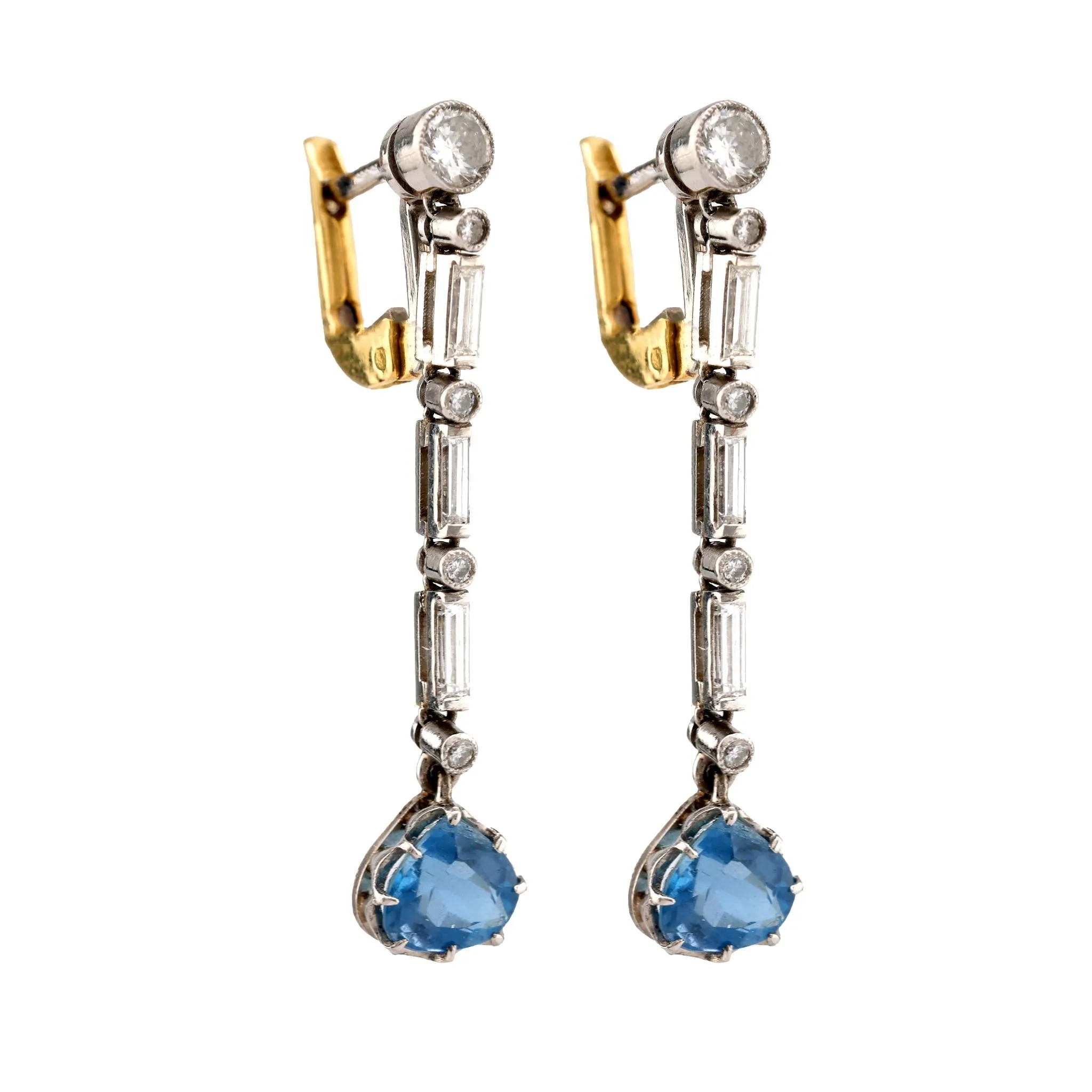 Edwardian Style Aquamarine Diamond 18K Yellow White Gold Drop Earrings