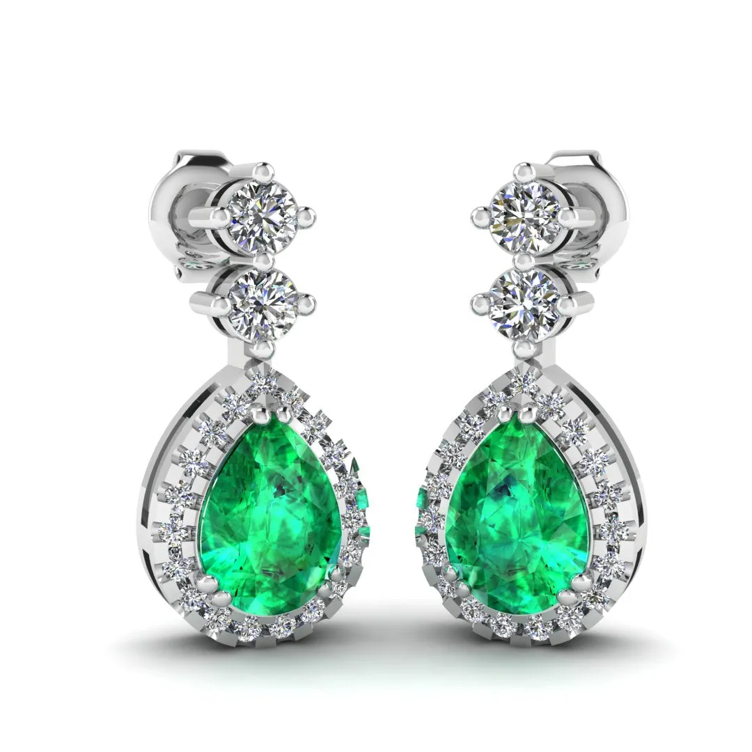 Emerald 1.30 Carat Pear Shape Halo Natural Diamond Drop Earrings E1PSE