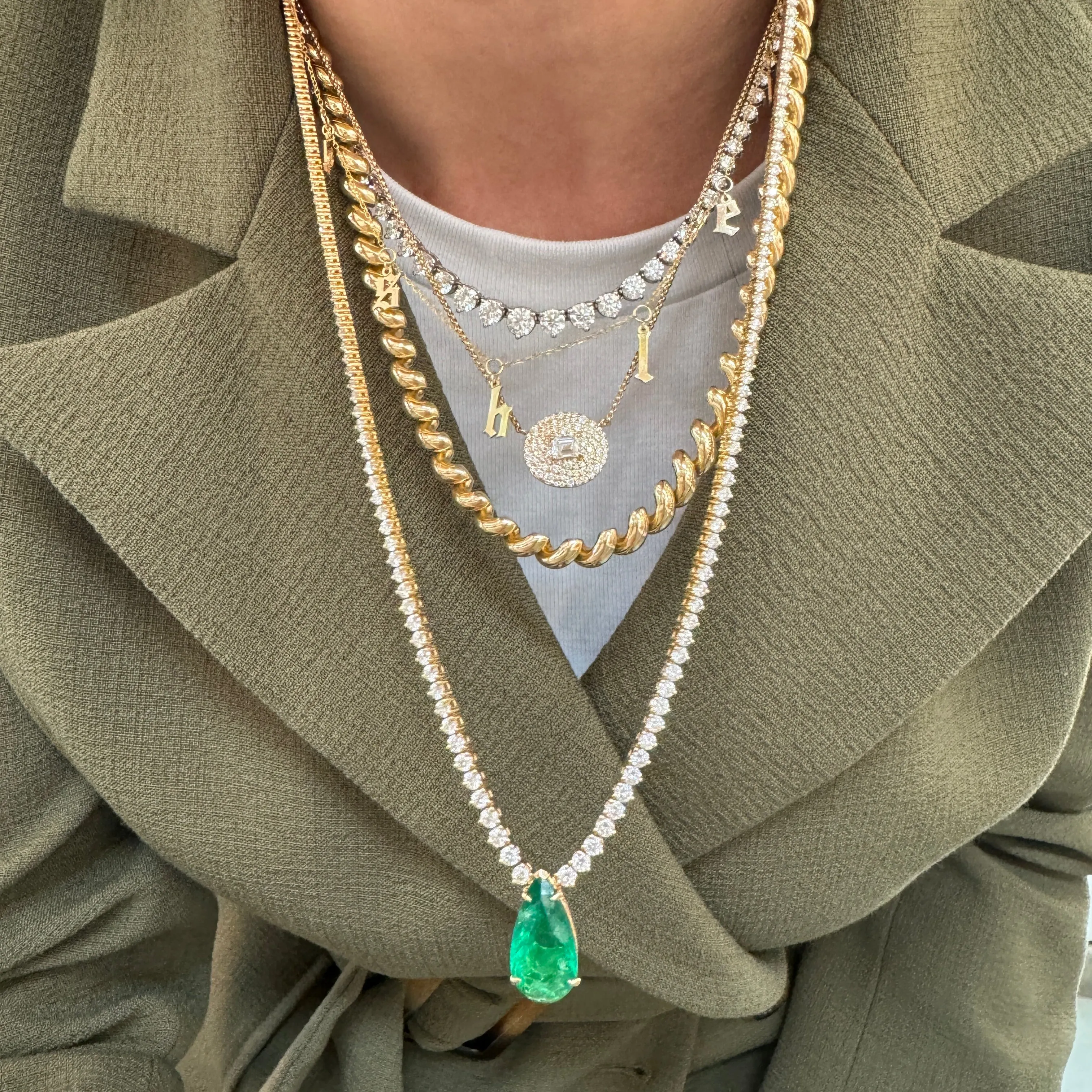 Emerald Teardrop Pendant on Graduated Diamond Tennis Necklace