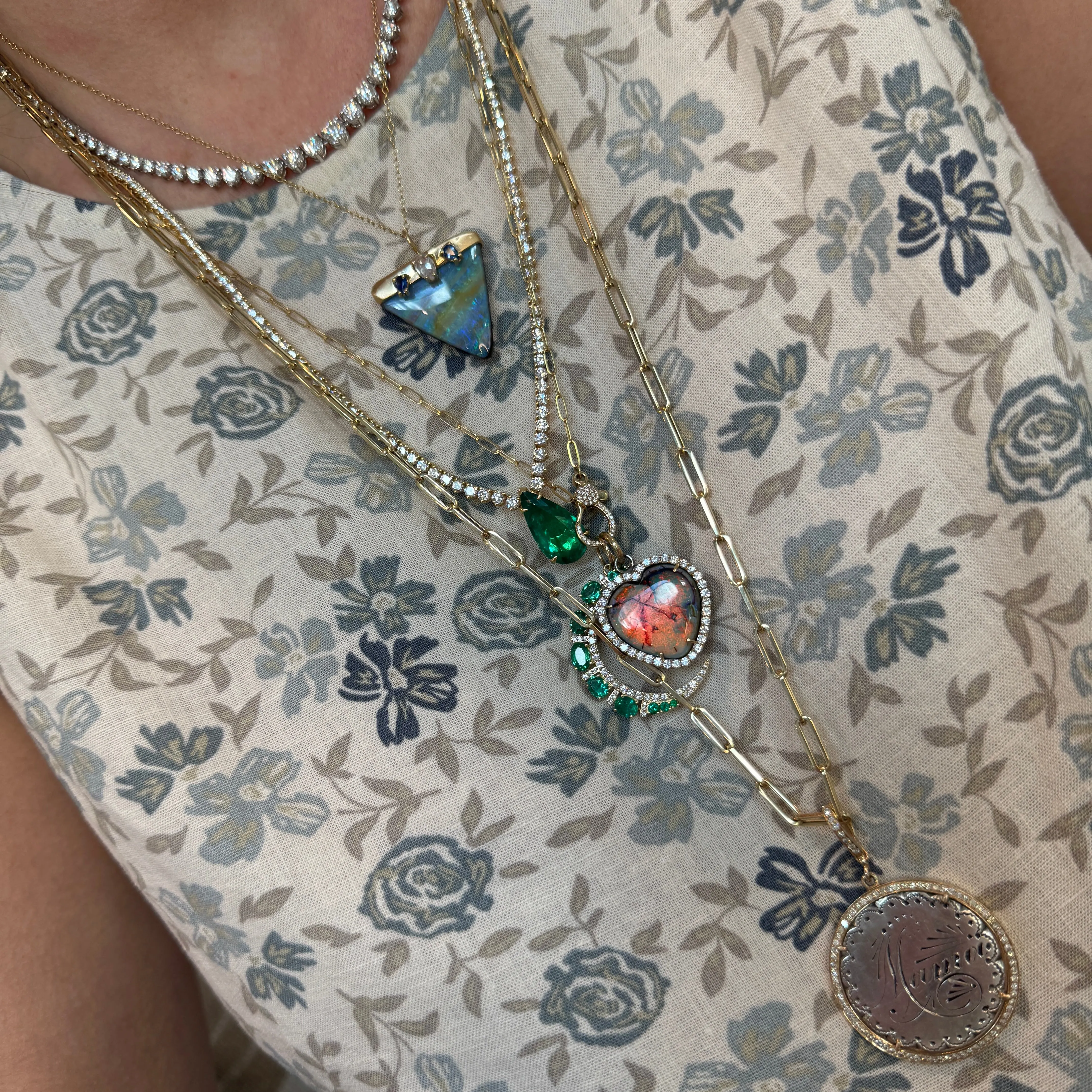 Emerald Teardrop Pendant on Graduated Diamond Tennis Necklace