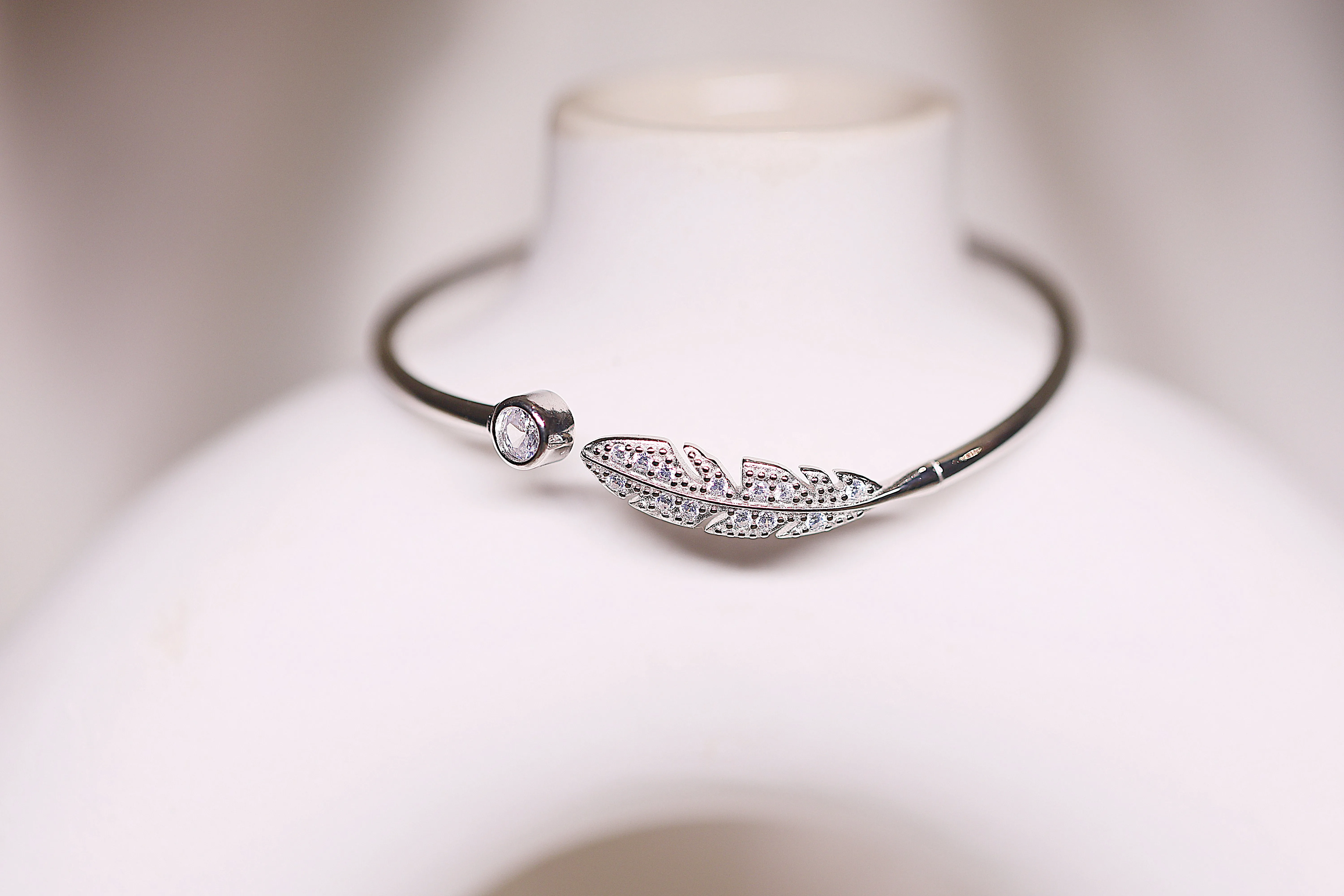 Feather silver open bangle bracelet