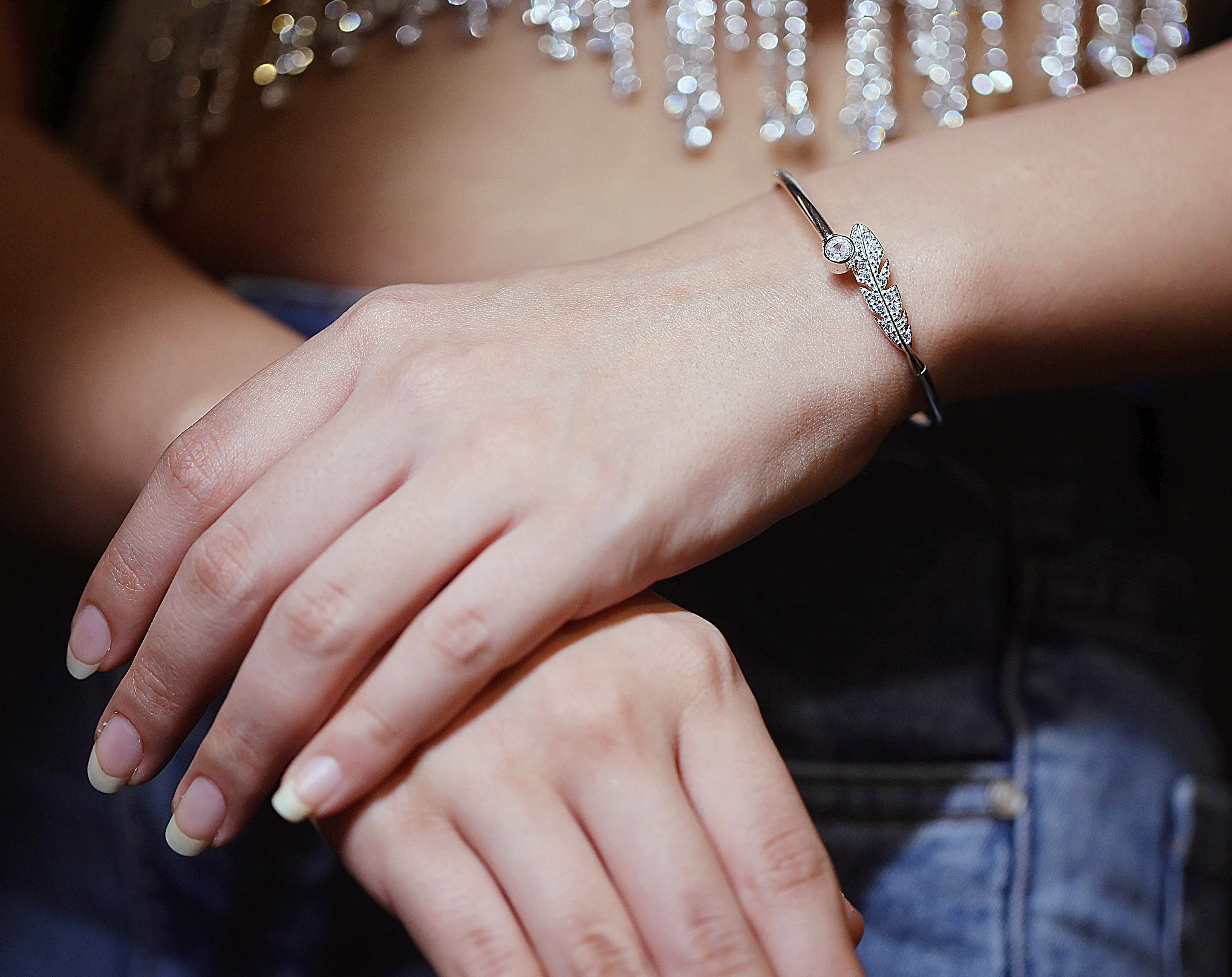 Feather silver open bangle bracelet