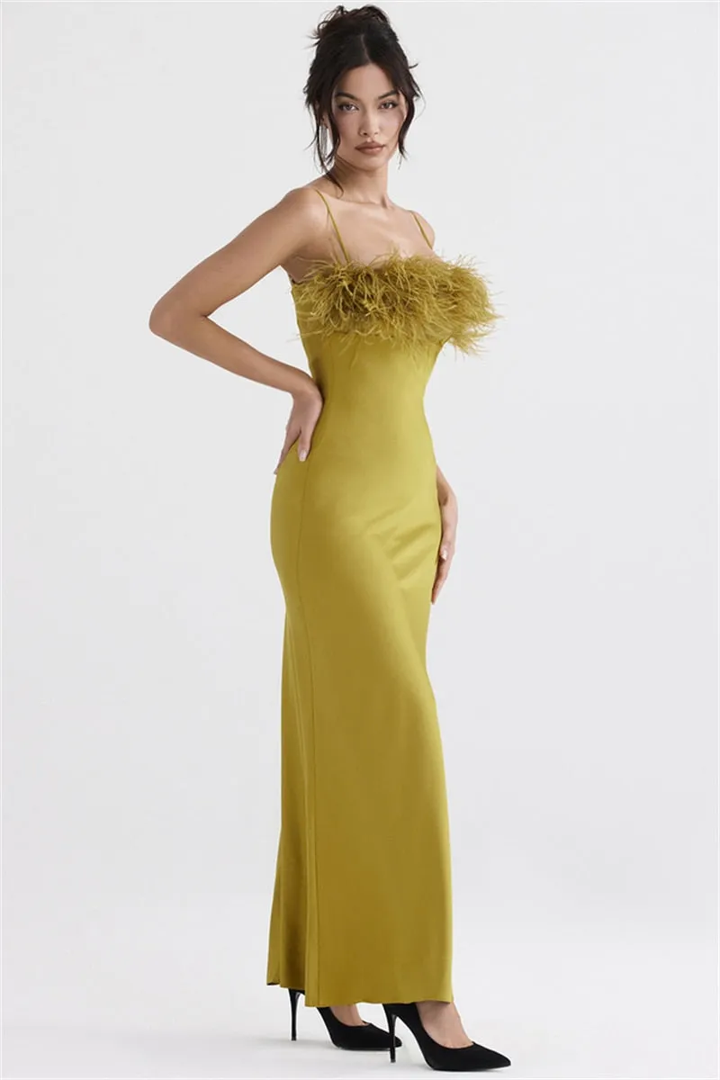 Feather Spaghetti Strap Evening Maxi Dress