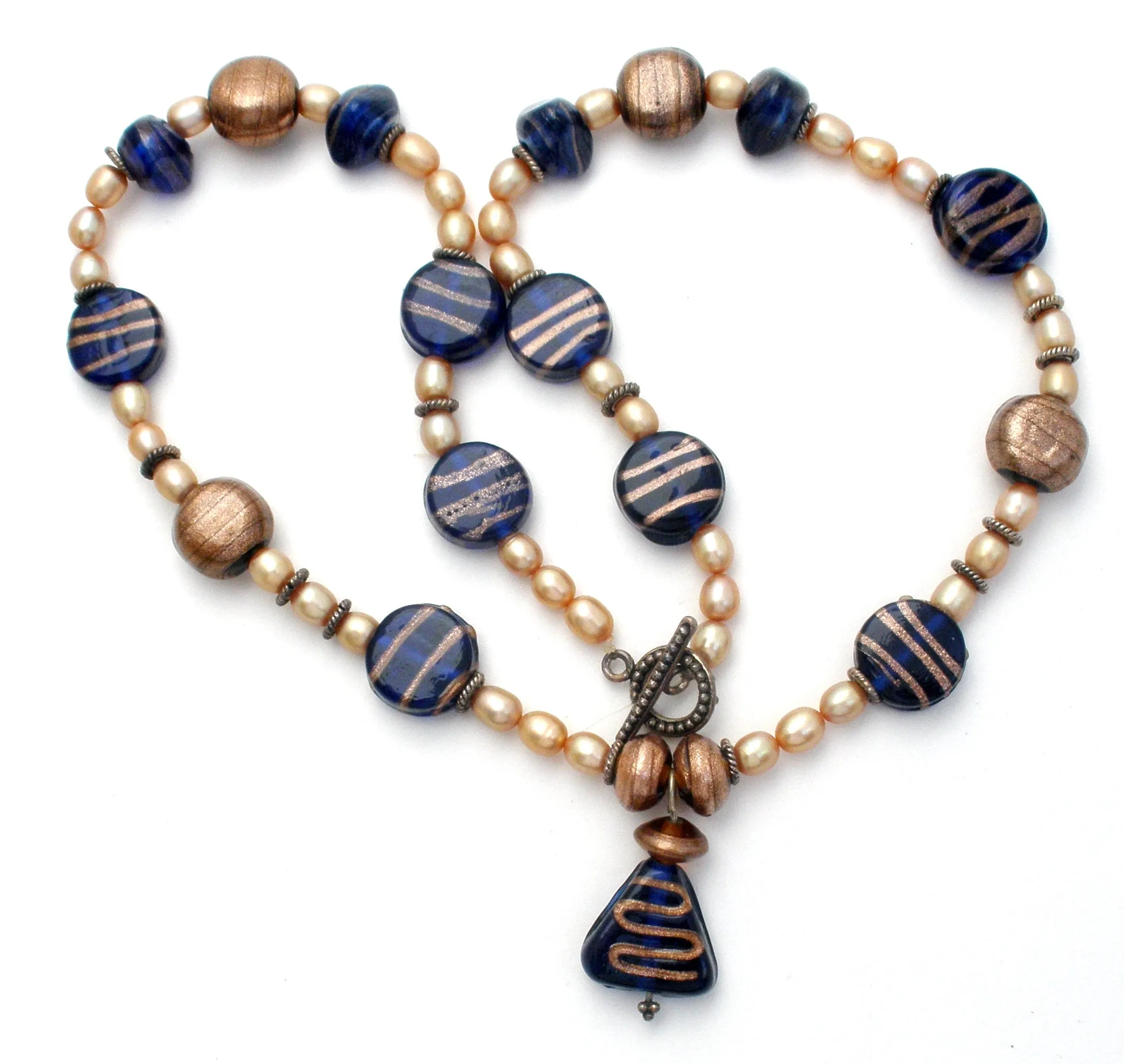 Foiled Blue Glass Bead & Pearl Necklace