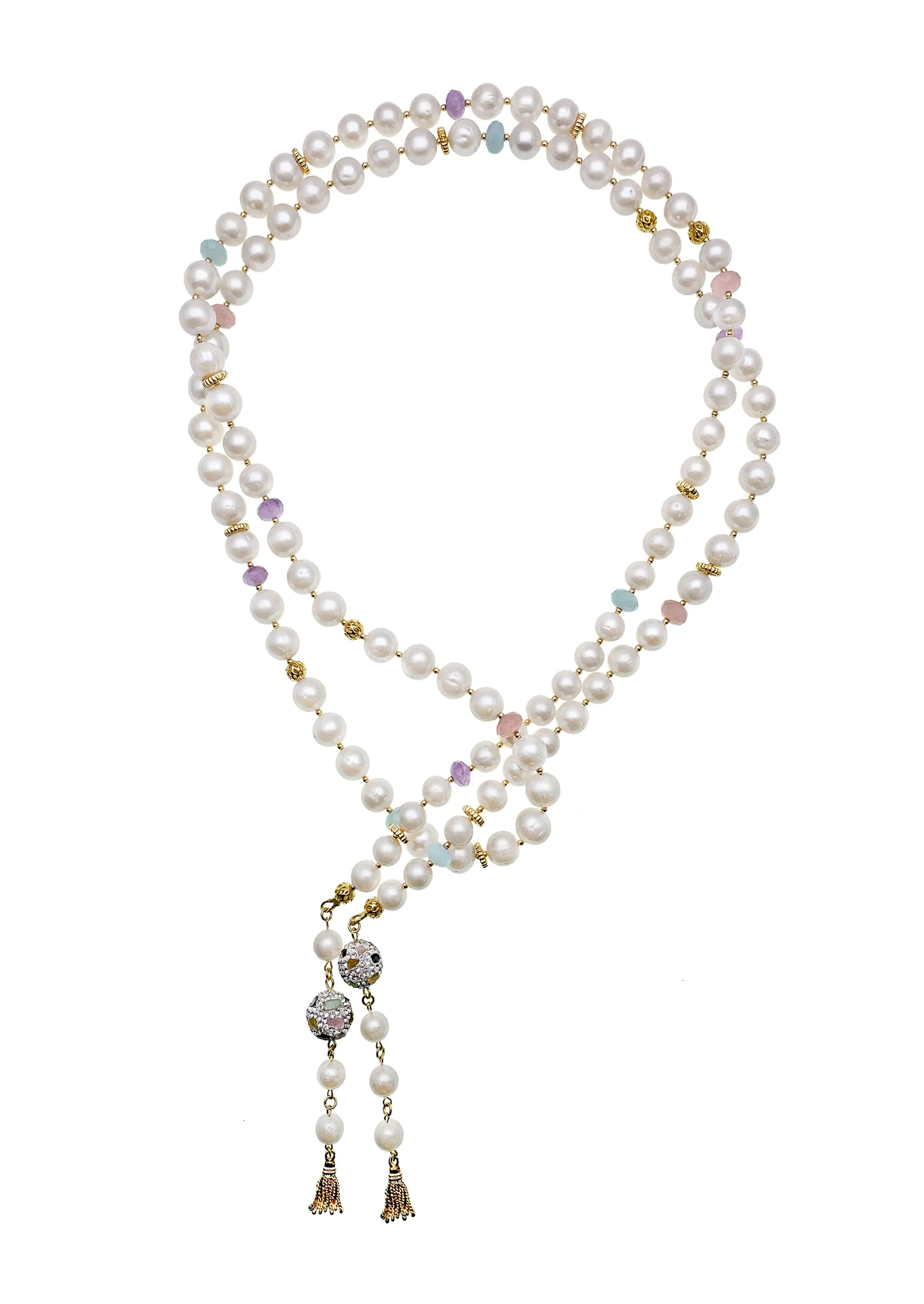 Freshwater Pearls With Rhinestones Open Ended Long Necklace EN022