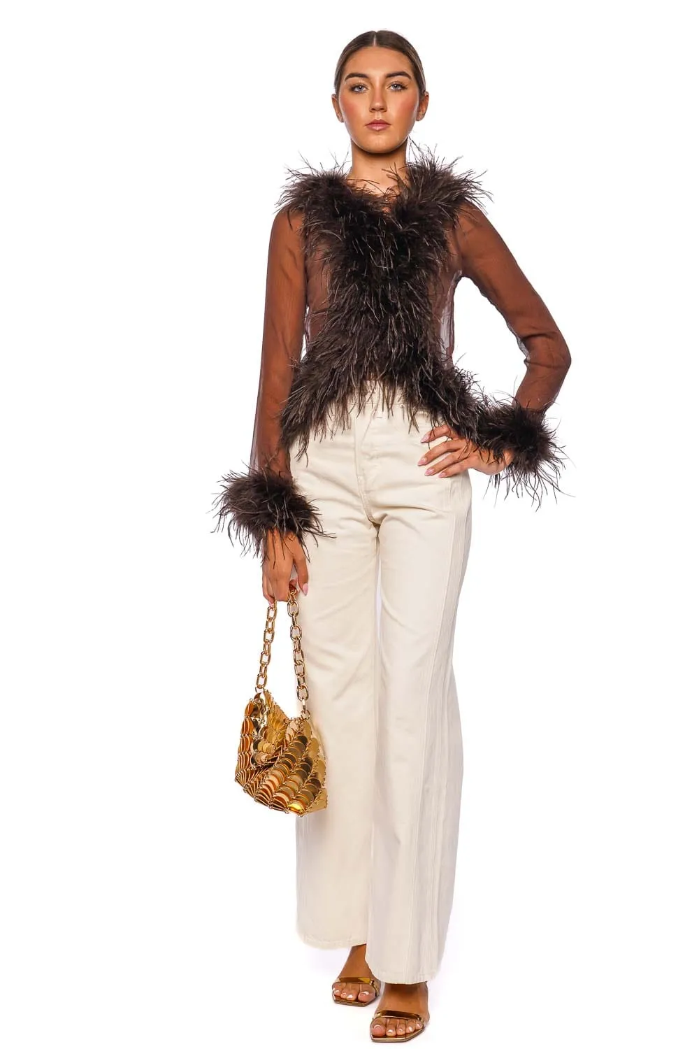 Gigi Sheer Chocolate Feather Blouse