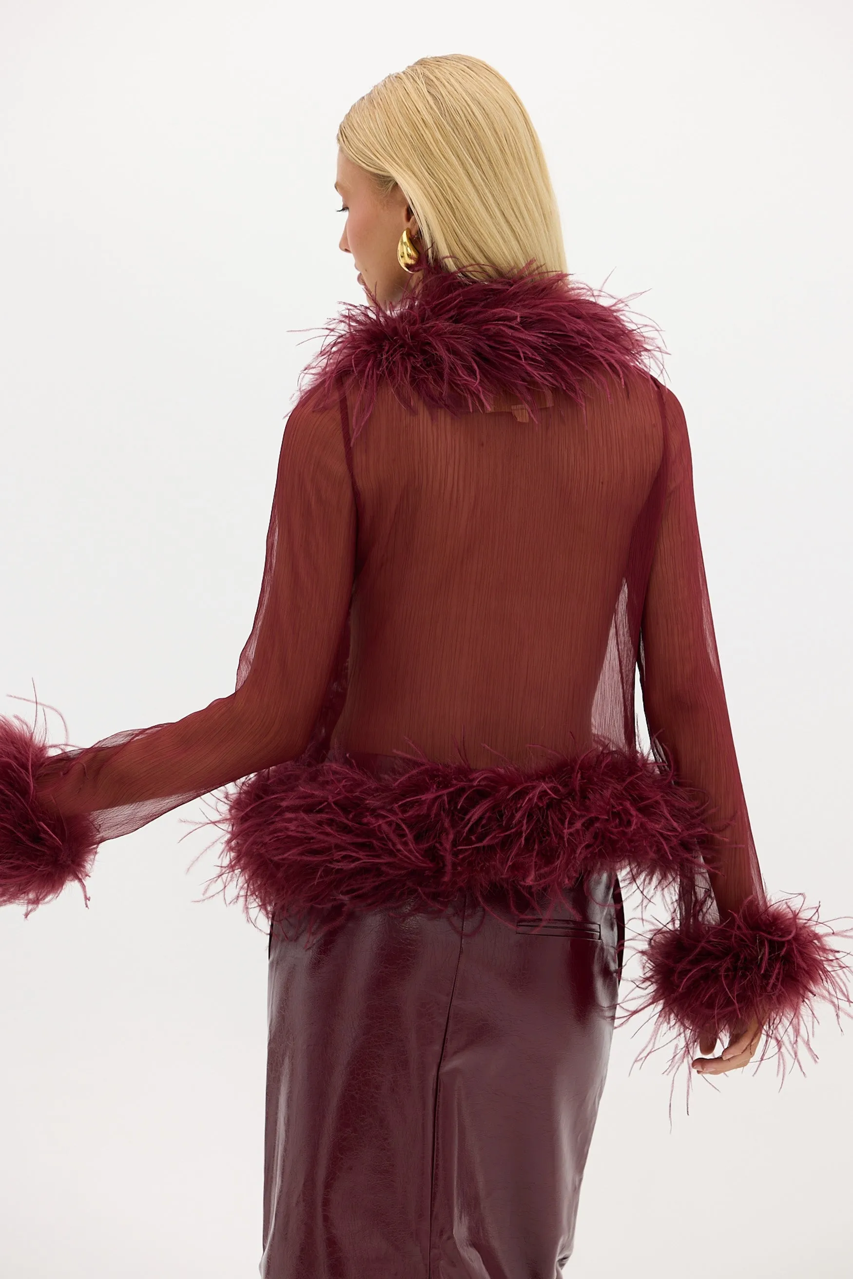 Gigi Sheer Feather Blouse - Cherry