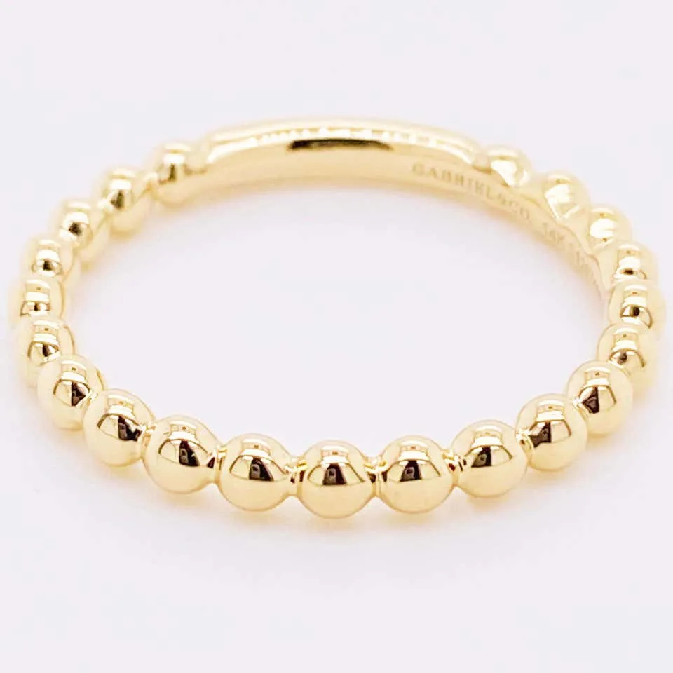 Gold Beaded Ring, 14 Karat Yellow Gold Beaded Stackable Ring Band