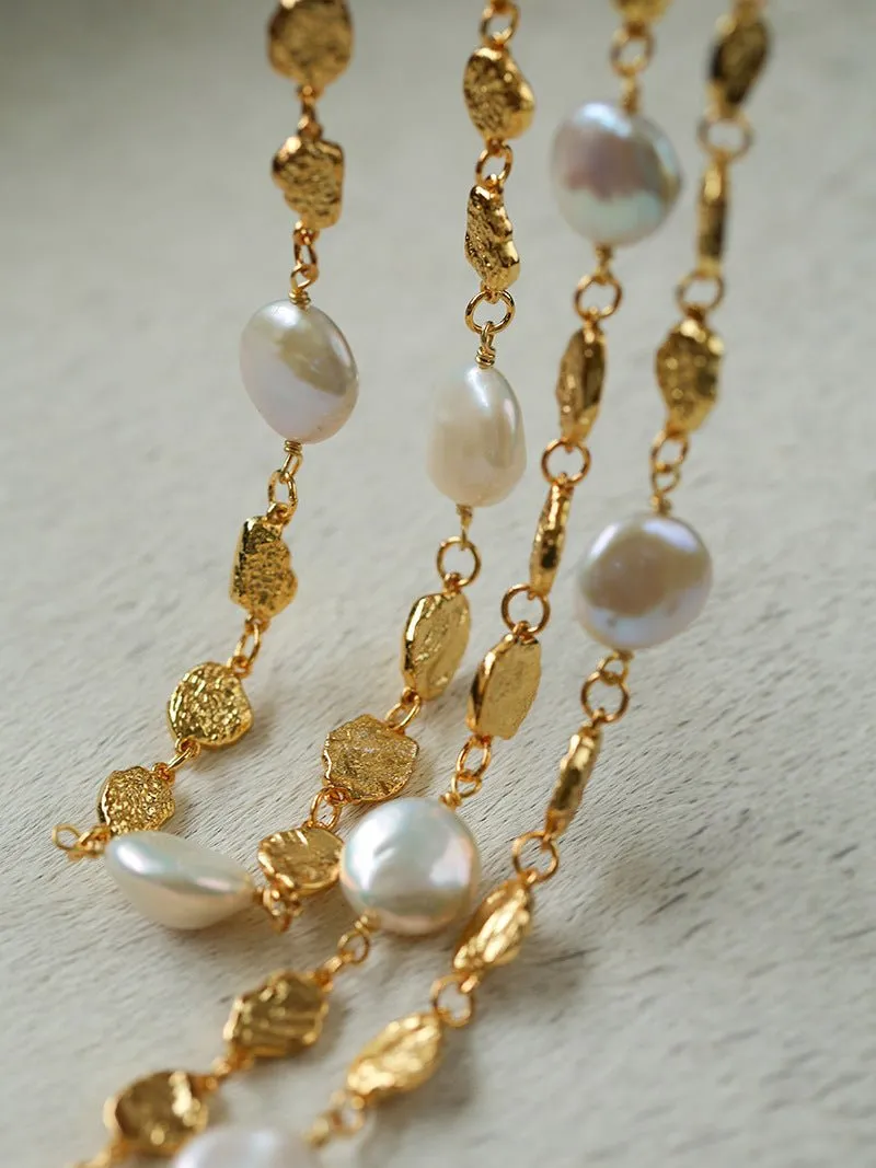 Gold Coin Lava Button Baroque Pearl Necklace