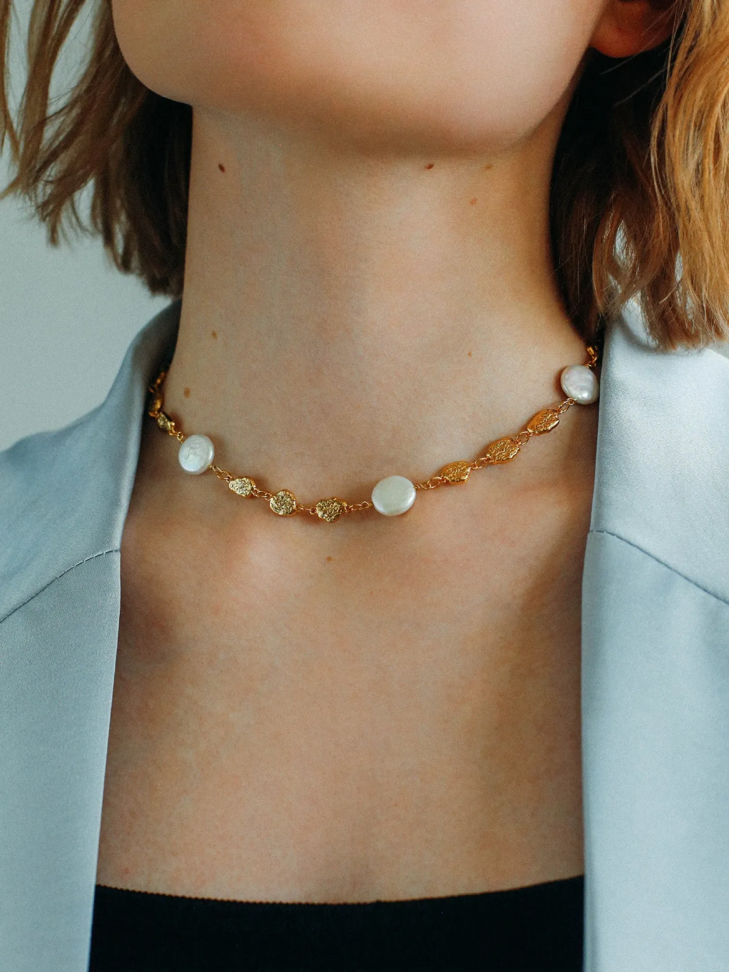 Gold Coin Lava Button Baroque Pearl Necklace