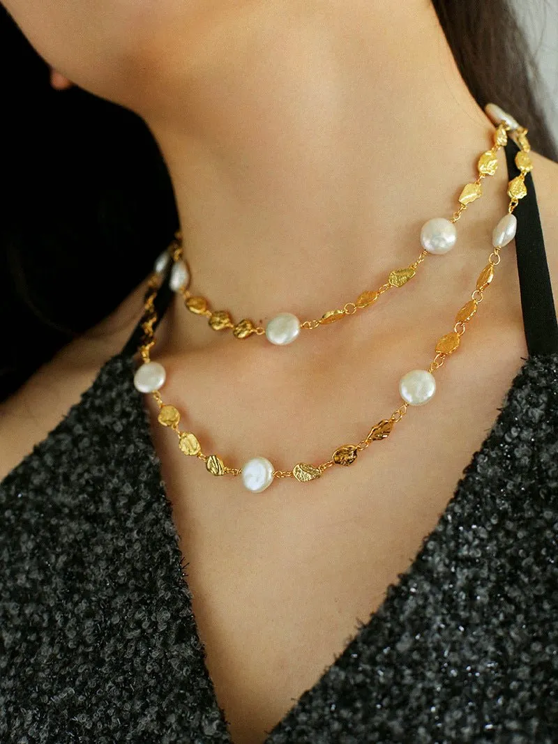 Gold Coin Lava Button Baroque Pearl Necklace