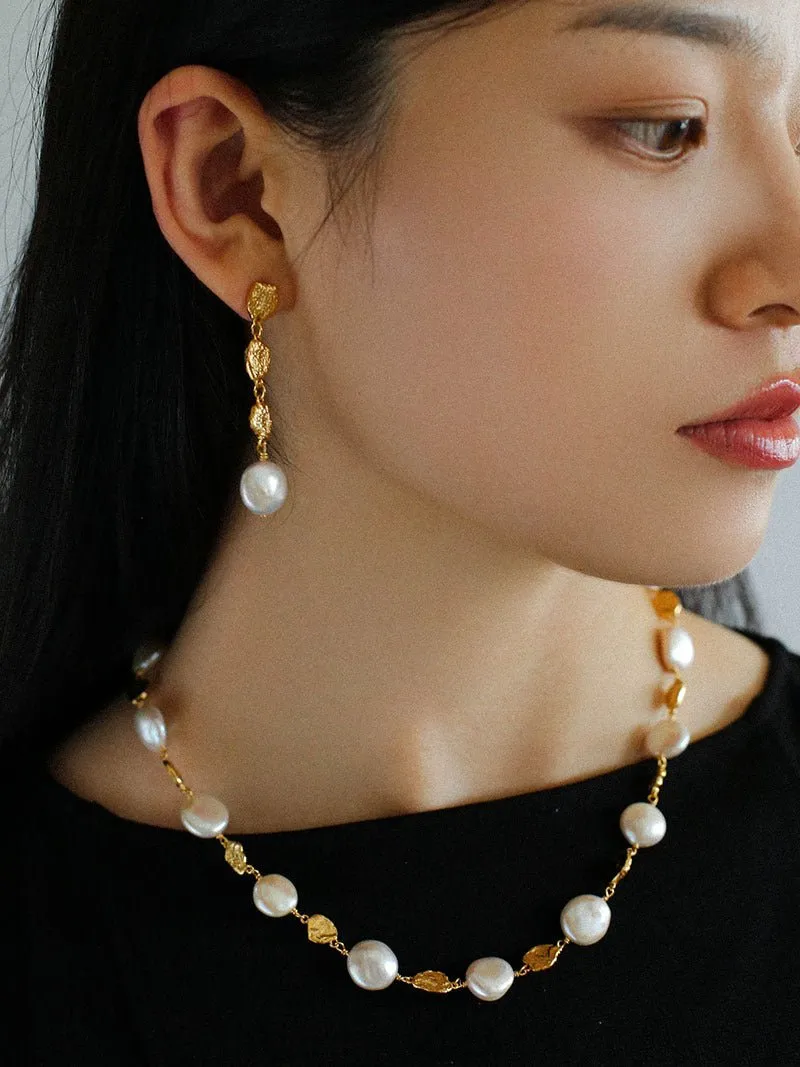 Gold Coin Lava Button Baroque Pearl Necklace