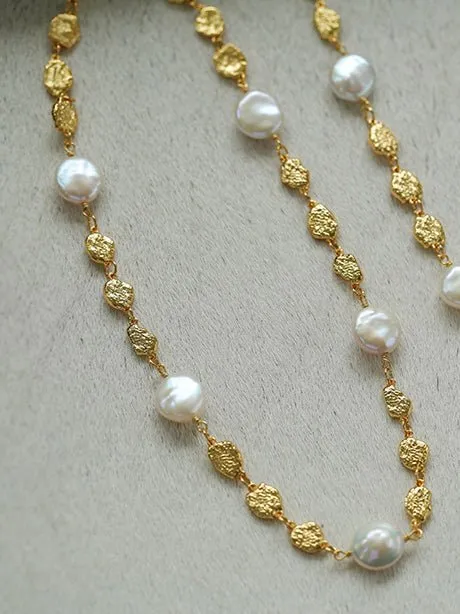 Gold Coin Lava Button Baroque Pearl Necklace