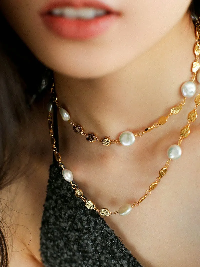 Gold Coin Lava Button Baroque Pearl Necklace