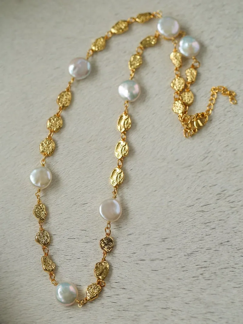 Gold Coin Lava Button Baroque Pearl Necklace