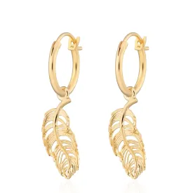 Gold Plated Feather Charm Hoop Earrings