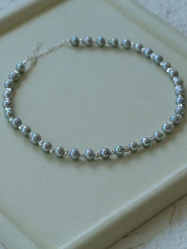 Grey Freshwater Pearl Silver Bean Necklace-Grey Pearl