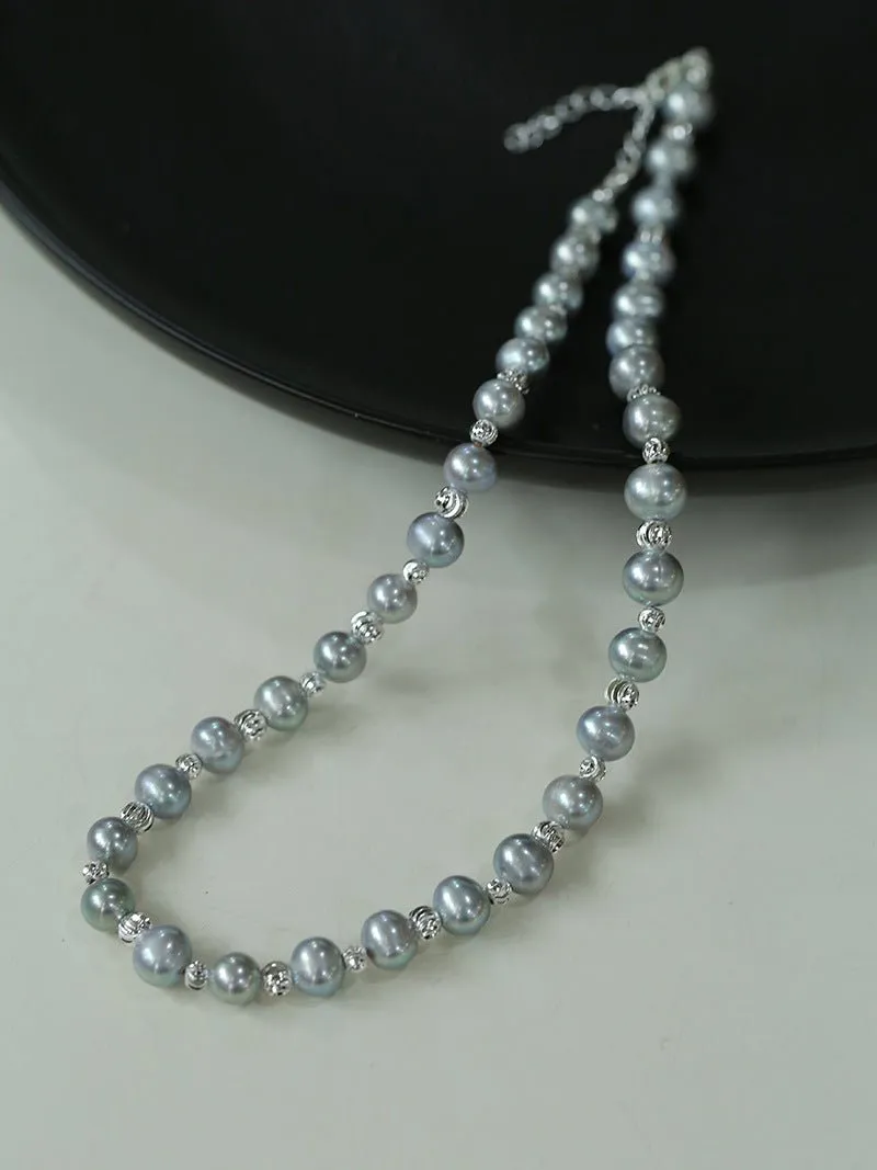 Grey Freshwater Pearl Silver Bean Necklace-Grey Pearl