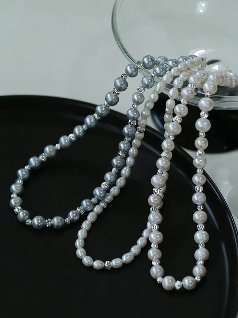 Grey Freshwater Pearl Silver Bean Necklace-Grey Pearl