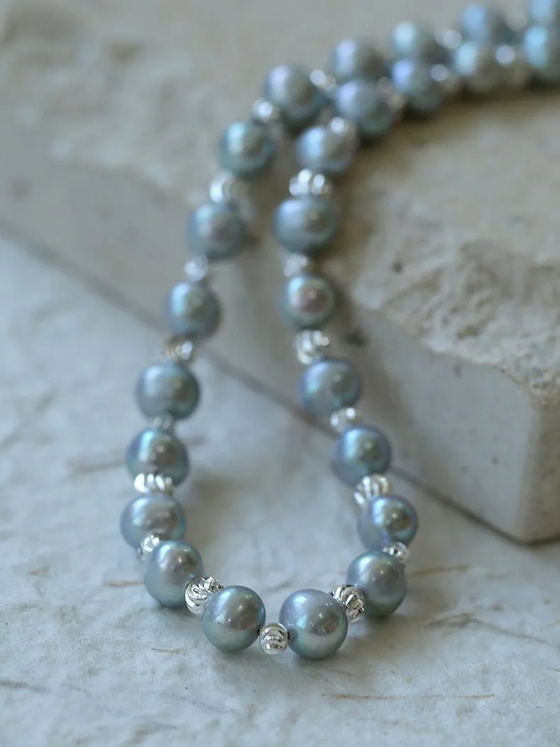 Grey Freshwater Pearl Silver Bean Necklace-Grey Pearl