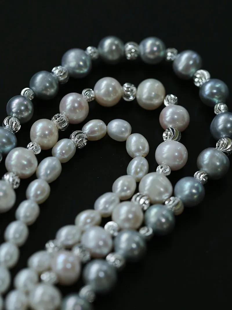 Grey Freshwater Pearl Silver Bean Necklace-Grey Pearl