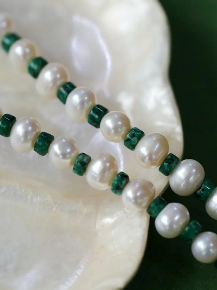 Handmade Green Natural Stone Beaded Pearl Necklace