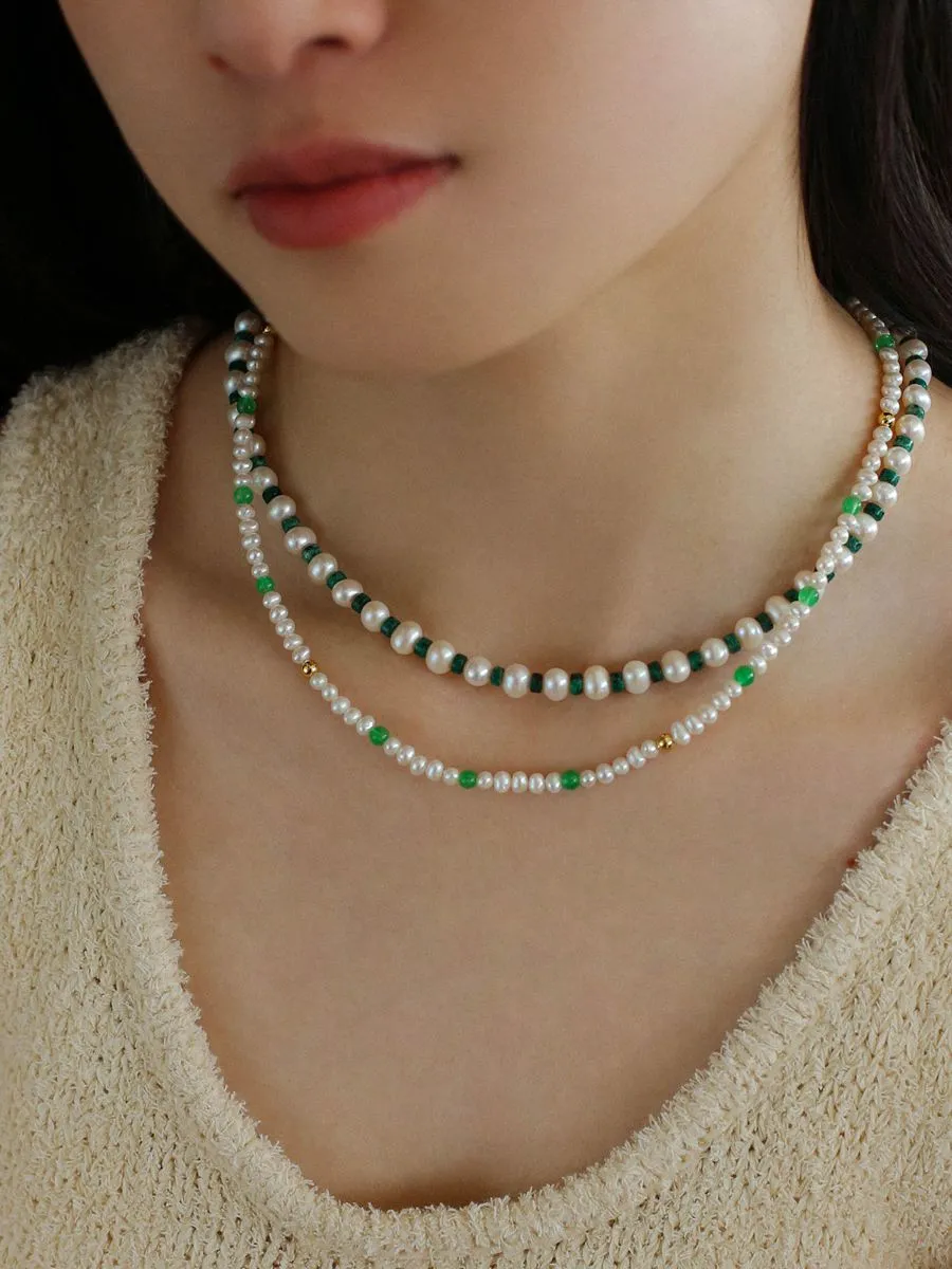 Handmade Green Natural Stone Beaded Pearl Necklace