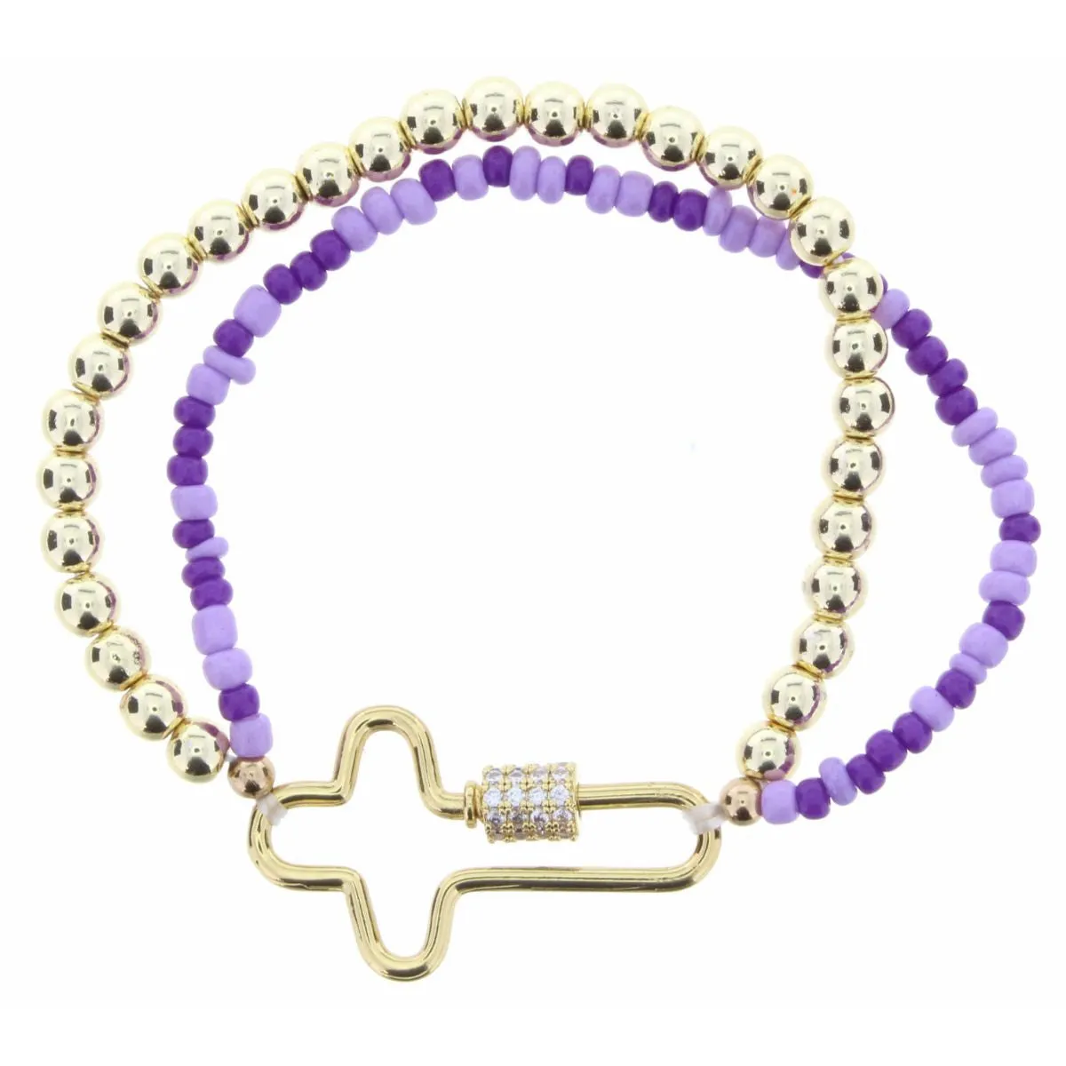 KIDS MULTI PURPLE & GOLD 2 LAYER STRAND WITH CROSS CARABINER BRACELET