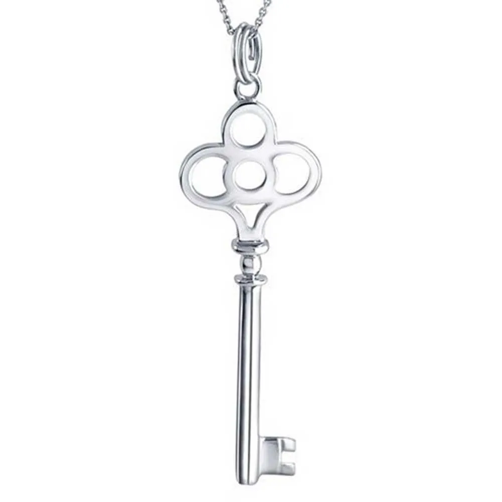 Large Open Oval Key Shape Pendant High .925 Sterling Silver Necklace