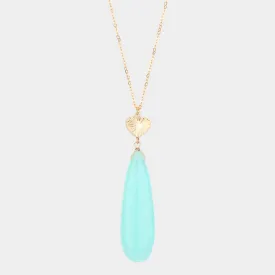 Light Blue Metal Heart Teardrop Natural Stone Link Pendant Long Necklace