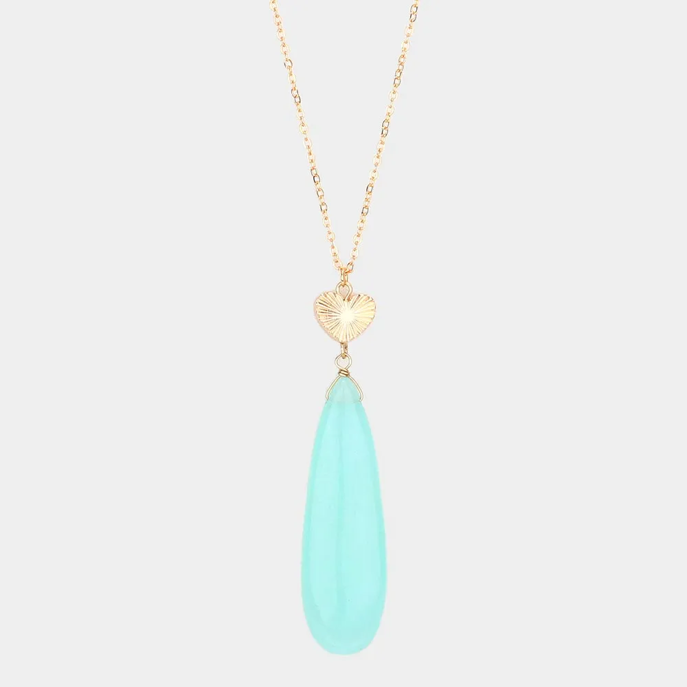 Light Blue Metal Heart Teardrop Natural Stone Link Pendant Long Necklace