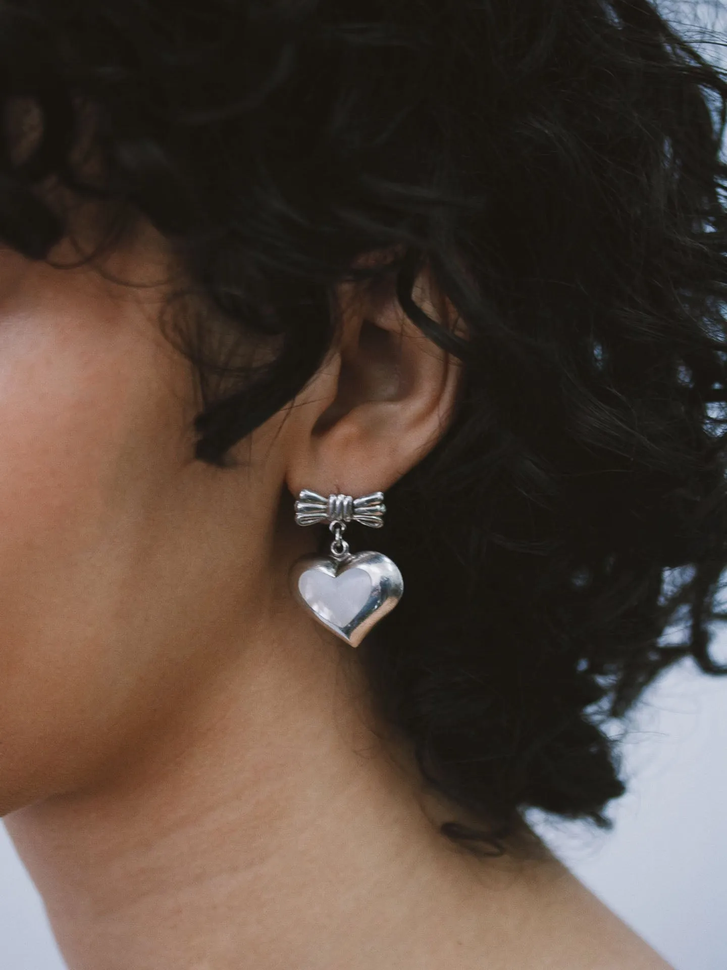 Mother of Pearl Heart & Bow Drop Earrings - Vintage Capsule