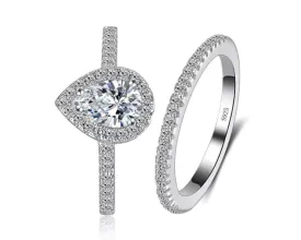 Pear Cut Cubic Zirconia Halo Engagement and Wedding Ring Set