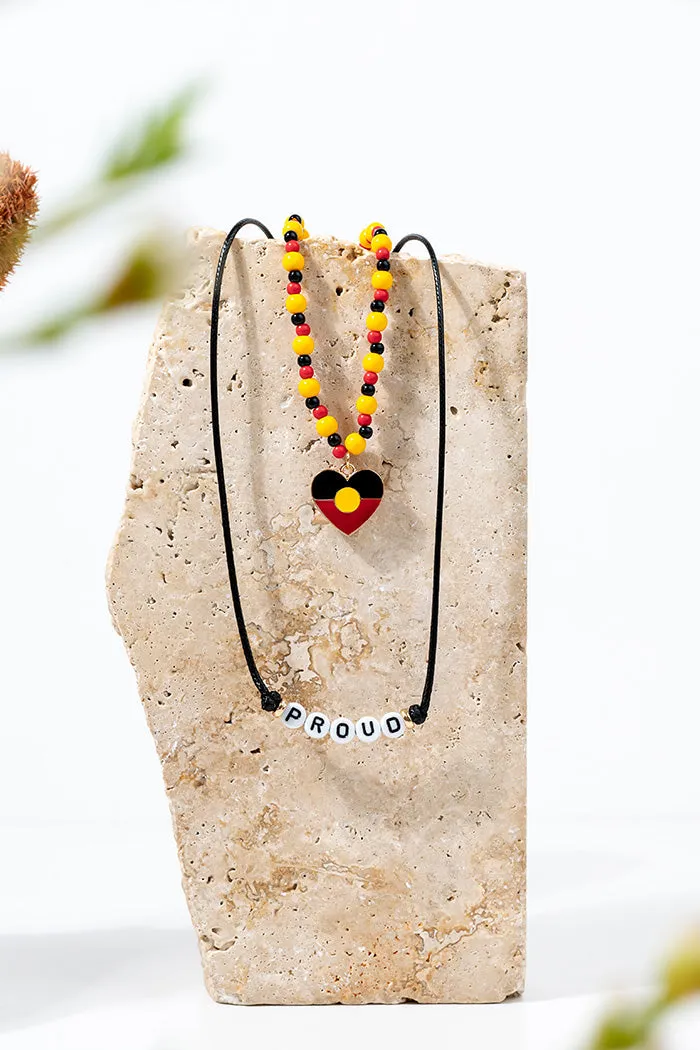 "Raise The Flag" Aboriginal Flag Heart Beaded Necklace