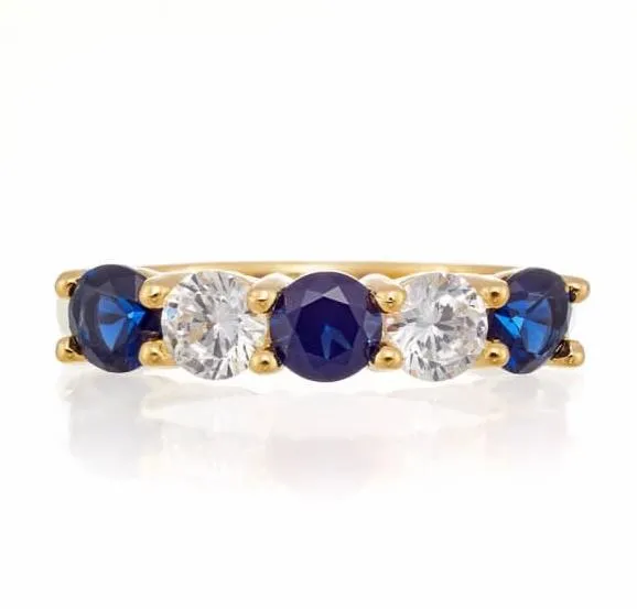 Round and Sapphire Blue Cubic Zirconia 5 Stone Anniversary Band - Yellow Gold Plated Sterling Silver