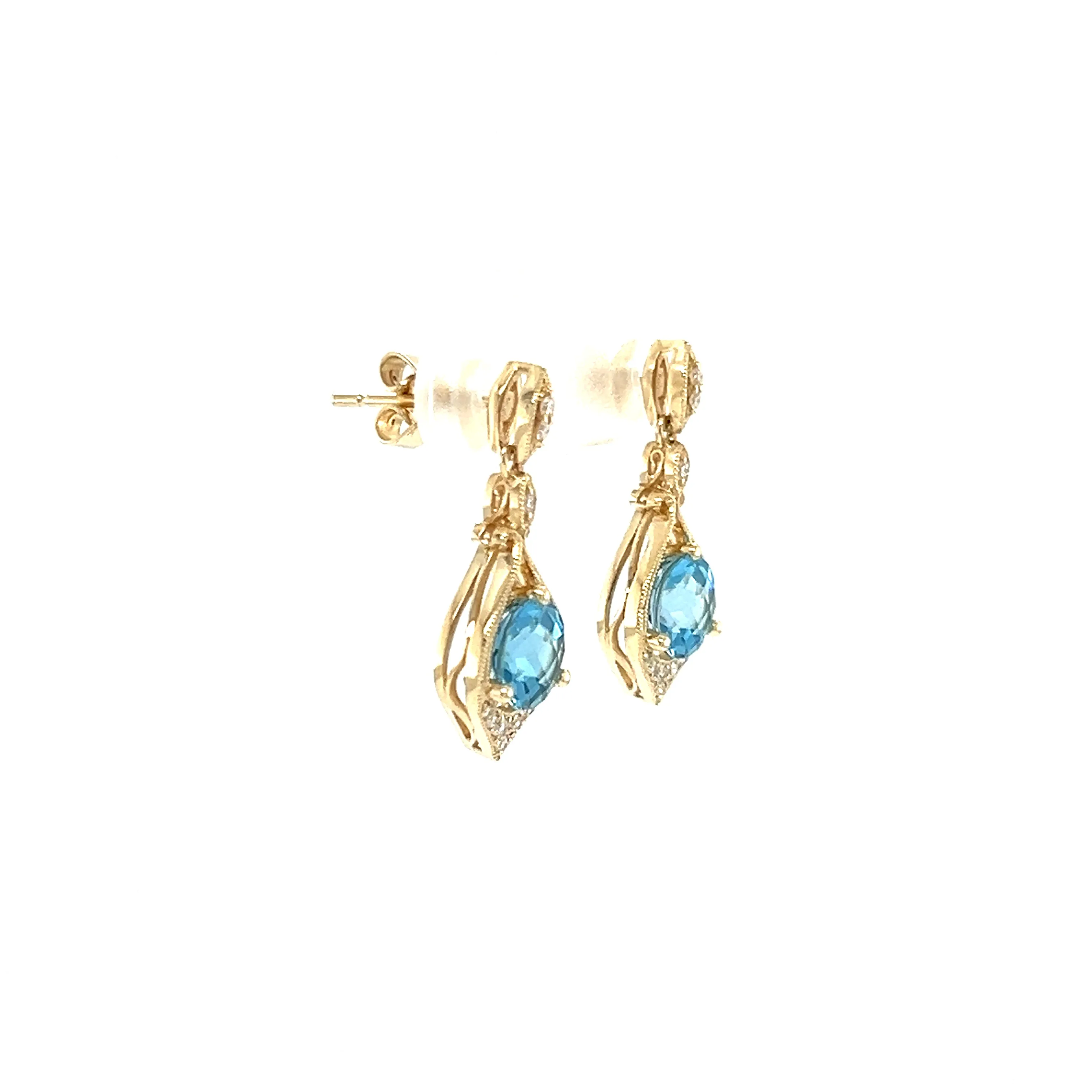 Round Blue Topaz Drop Earrings with Twenty Diamonds in 14K Yellow Gold