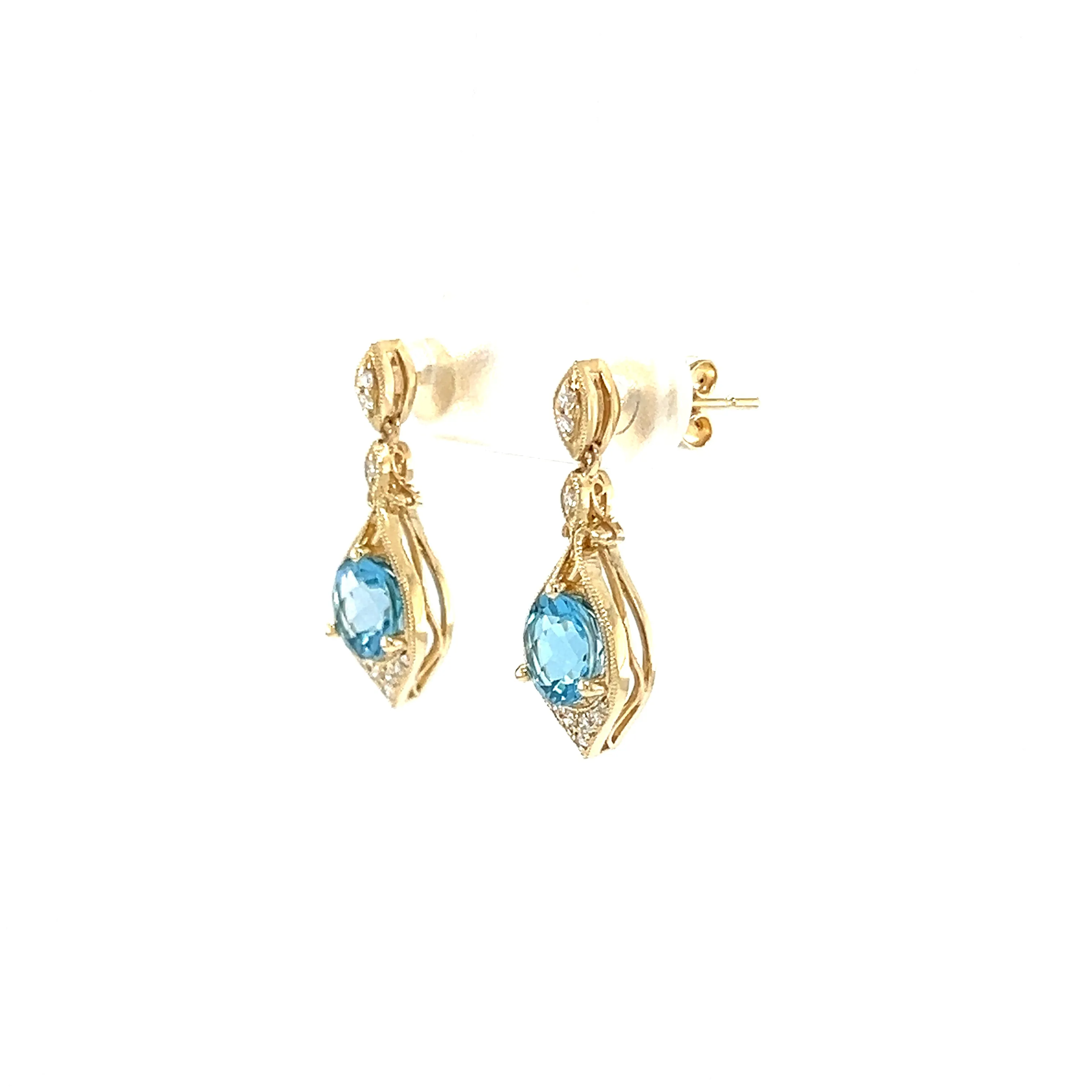 Round Blue Topaz Drop Earrings with Twenty Diamonds in 14K Yellow Gold