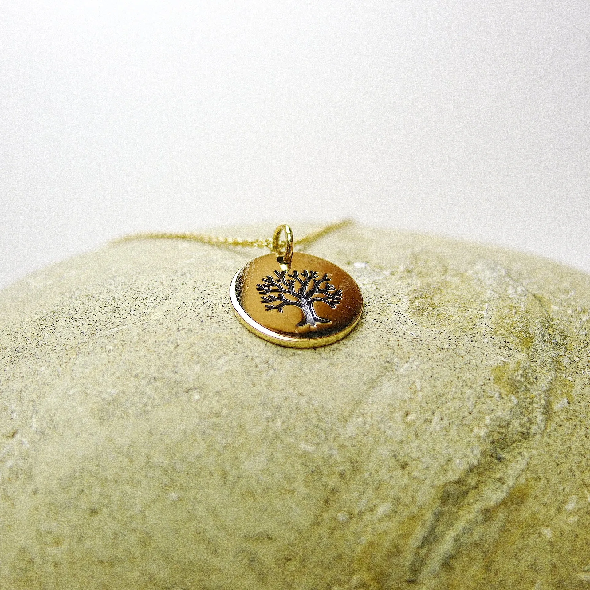 Round Disc with Etched Tree Necklace - Natural Bronze/925Silver