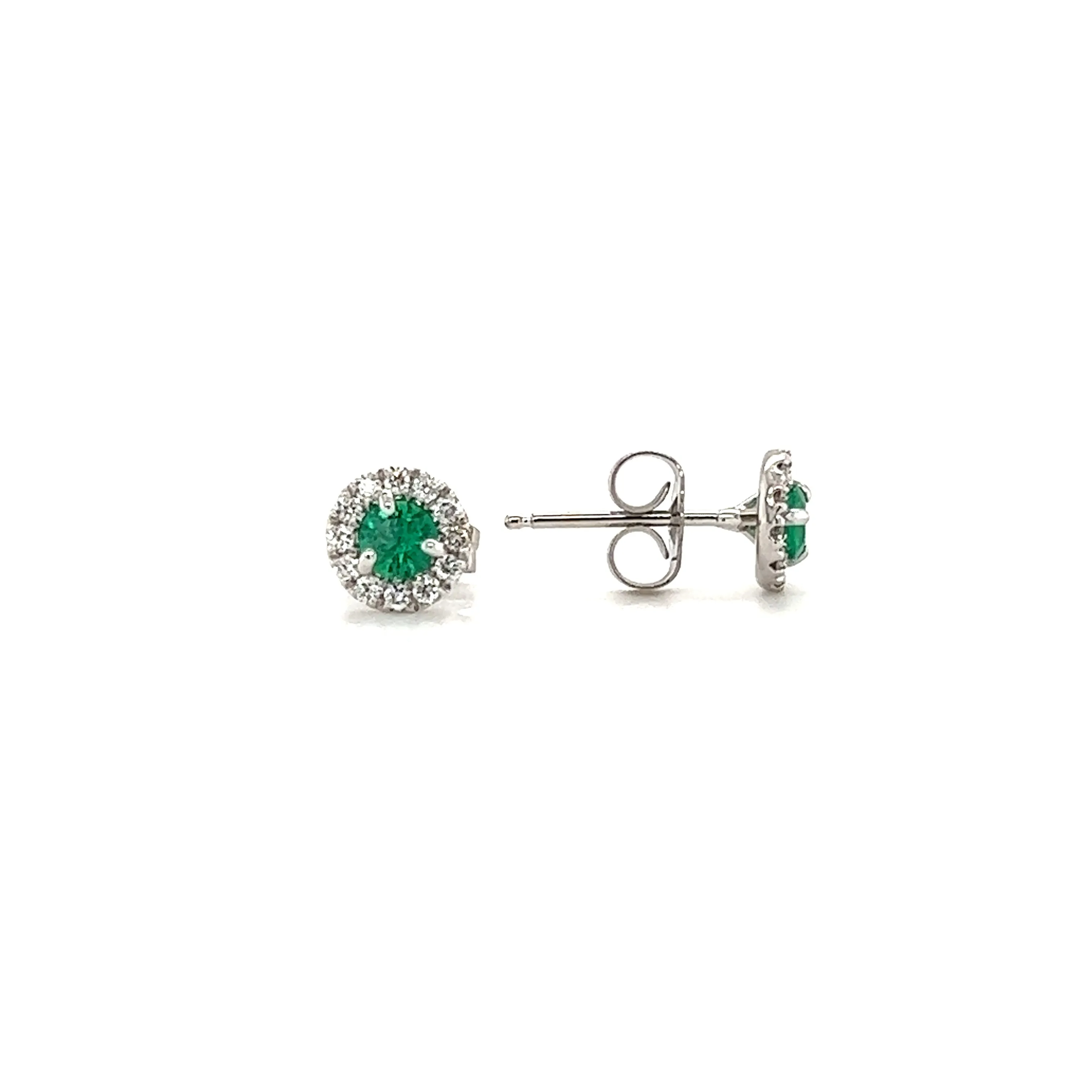 Round Emerald Stud Earrings with Diamond Halo in 14K White Gold