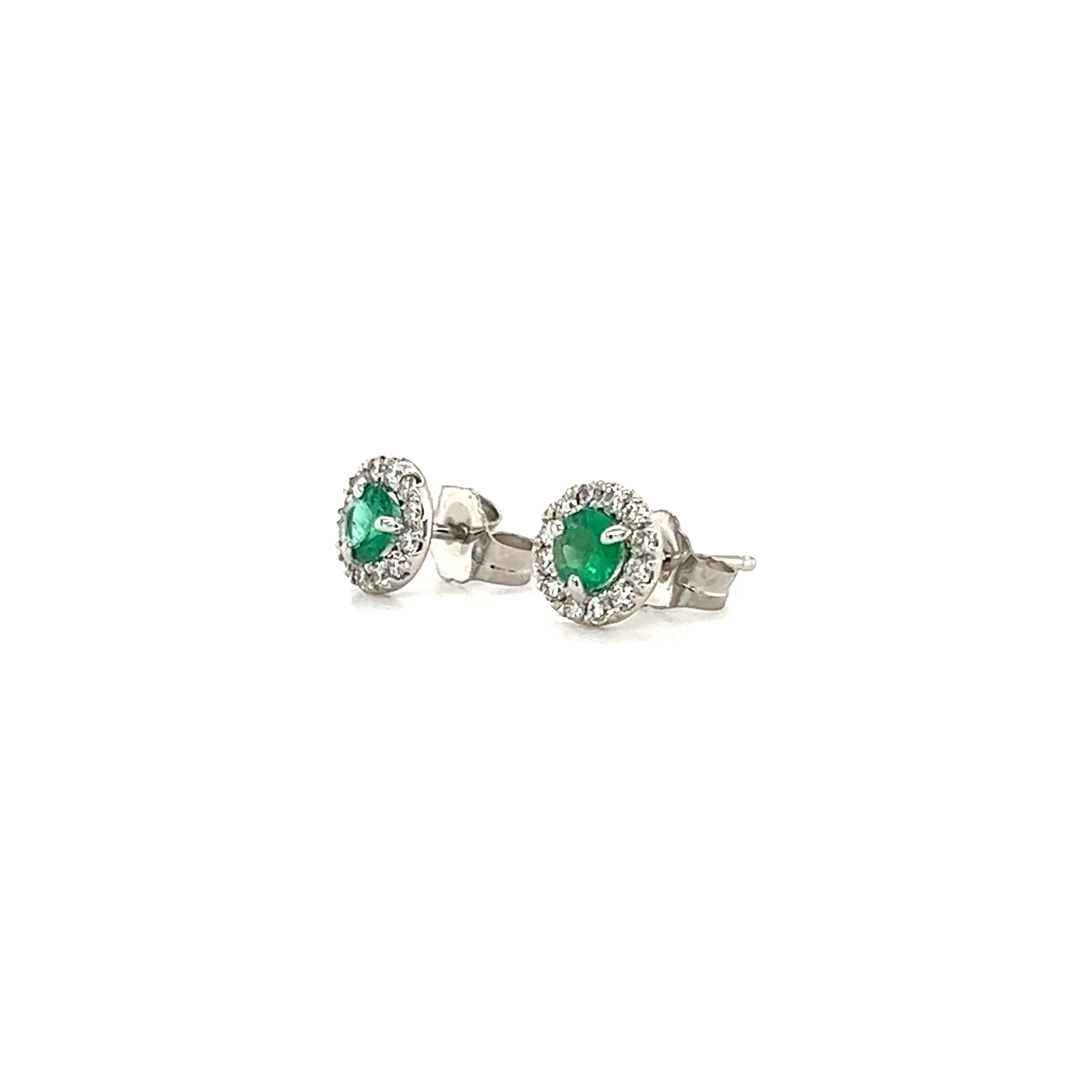 Round Emerald Stud Earrings with Diamond Halo in 14K White Gold