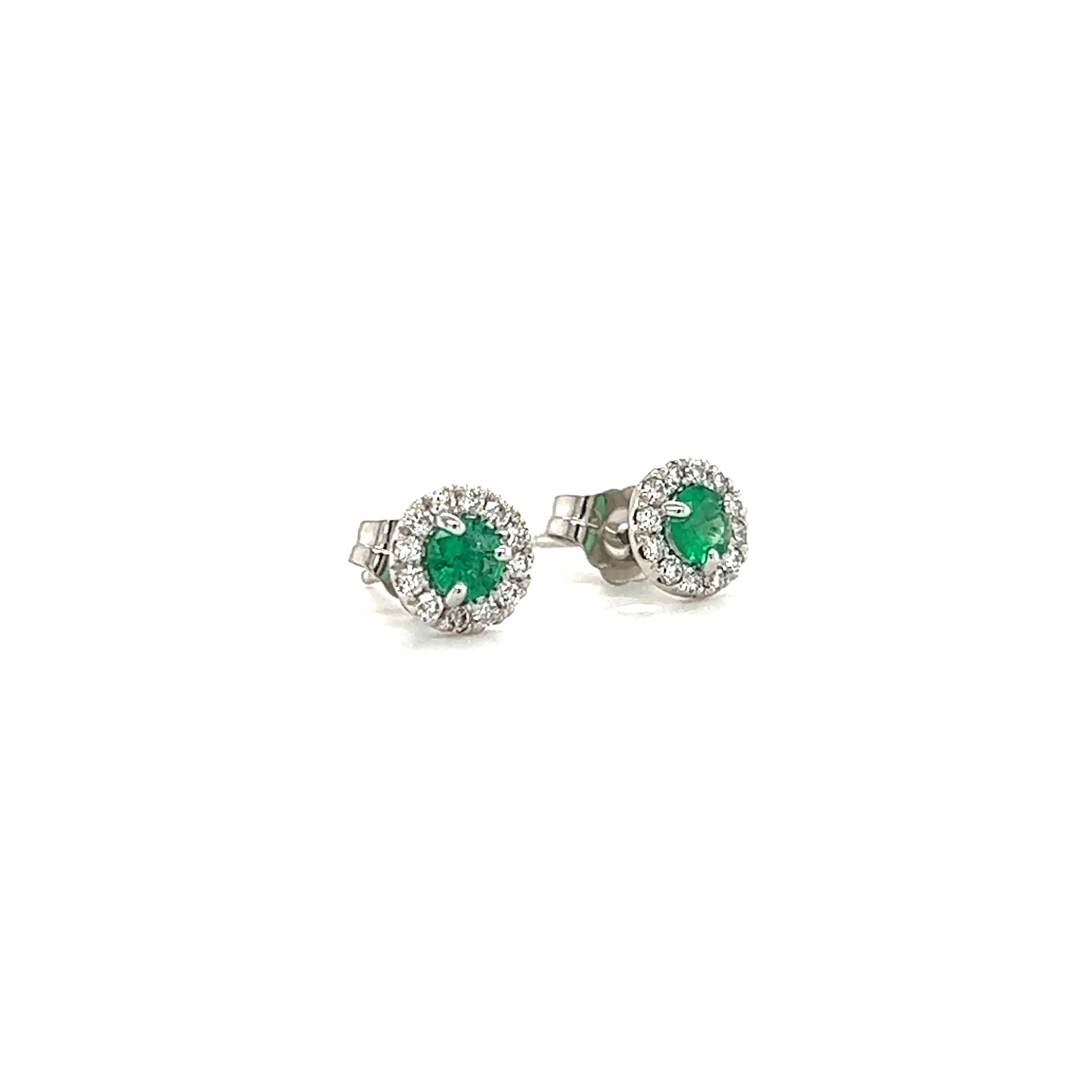 Round Emerald Stud Earrings with Diamond Halo in 14K White Gold