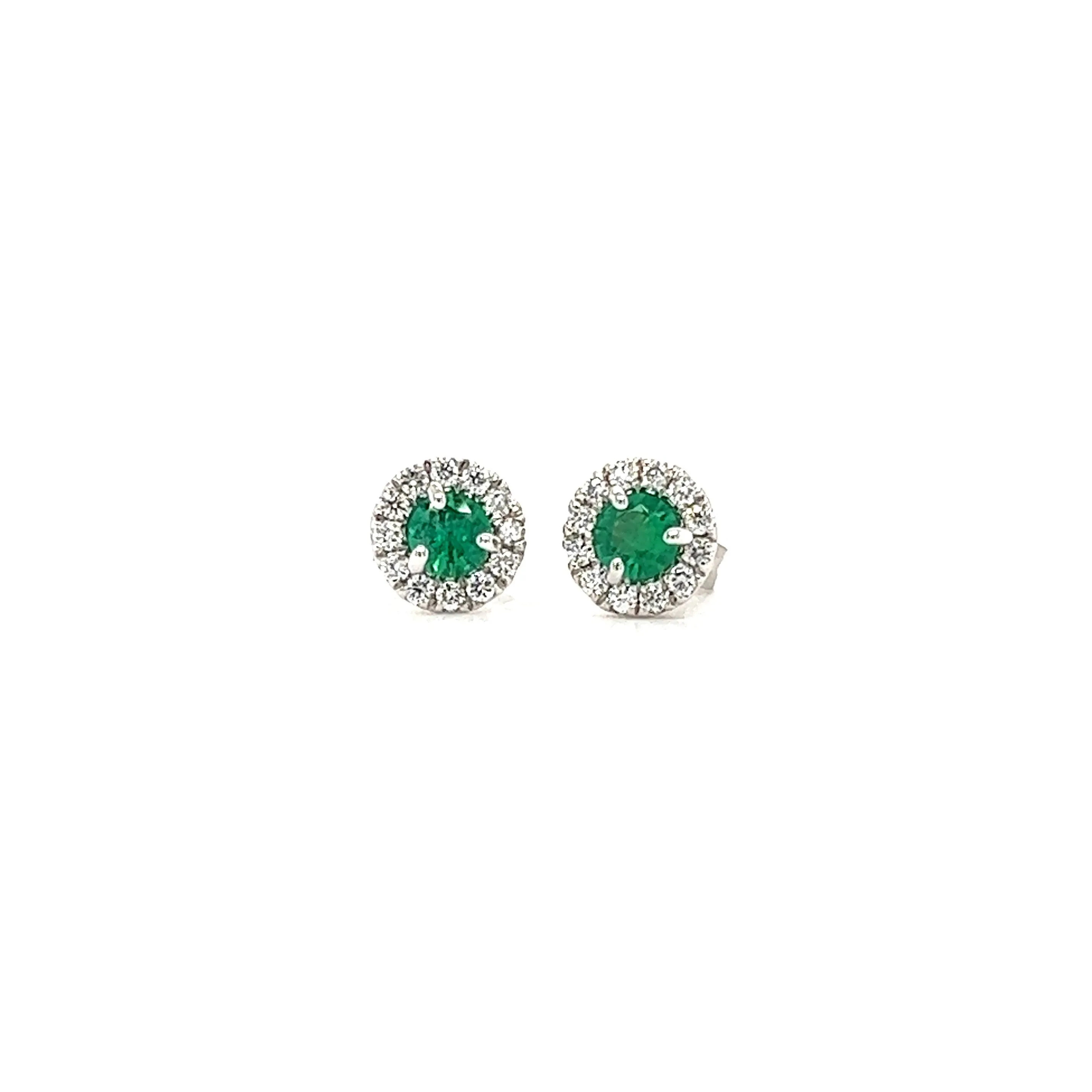 Round Emerald Stud Earrings with Diamond Halo in 14K White Gold