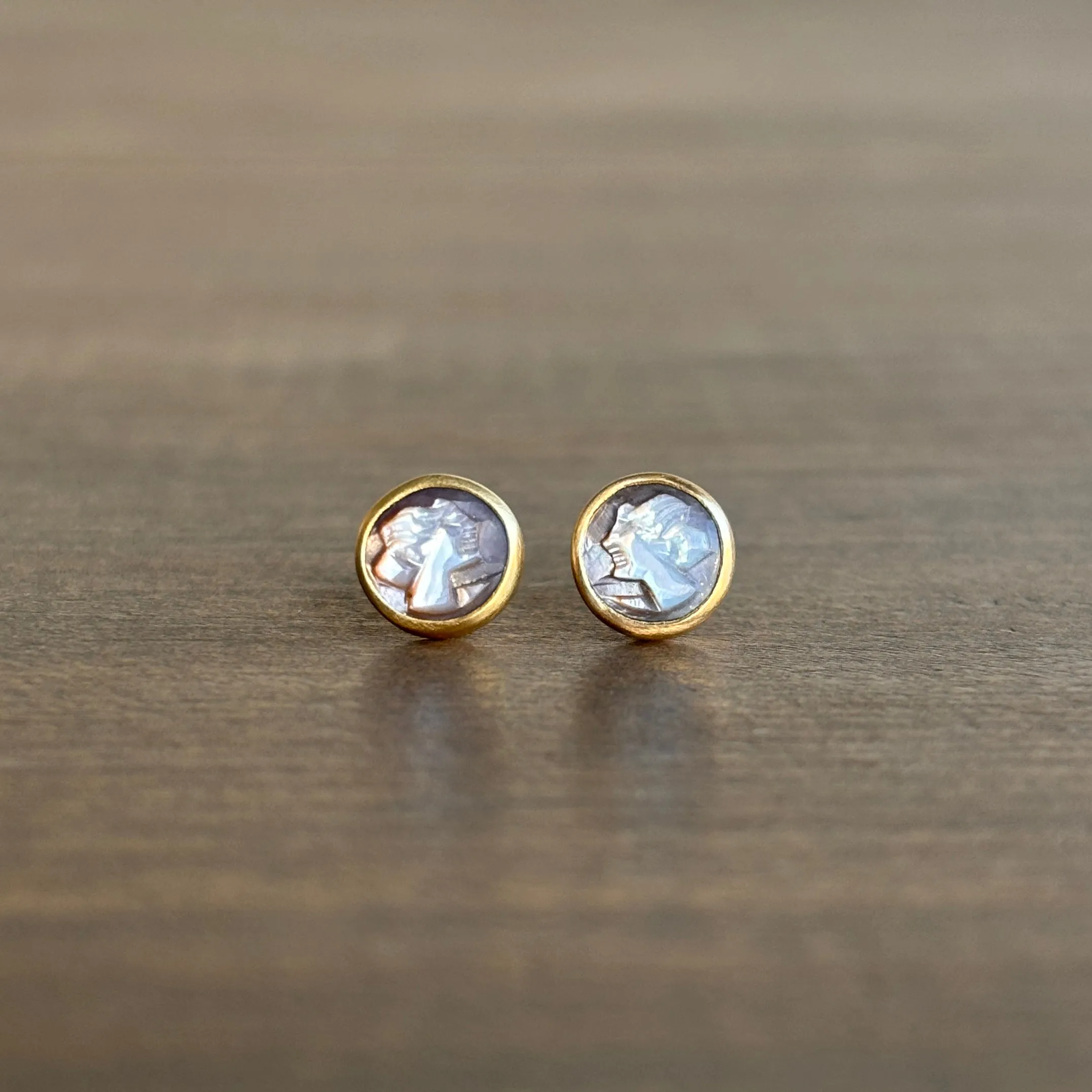 Round Mother of Pearl Cameo Stud Earrings