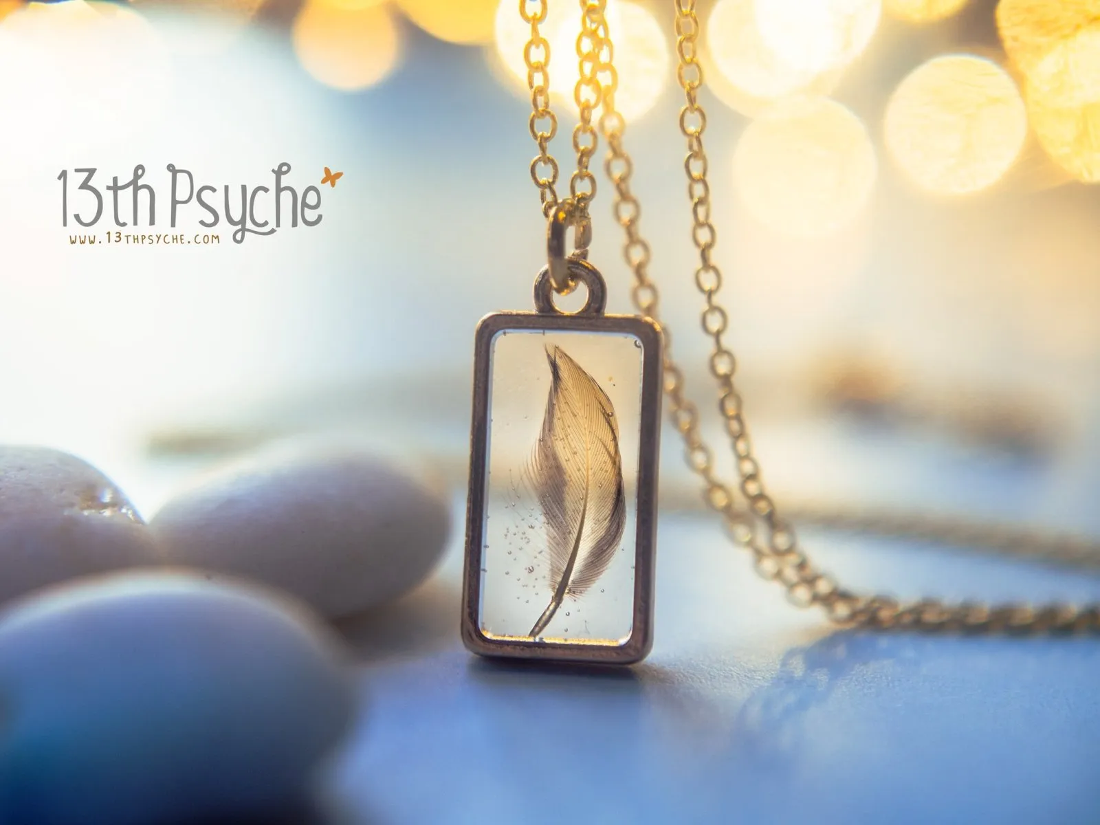 Square shaped resin pendant with real tiny feather necklace