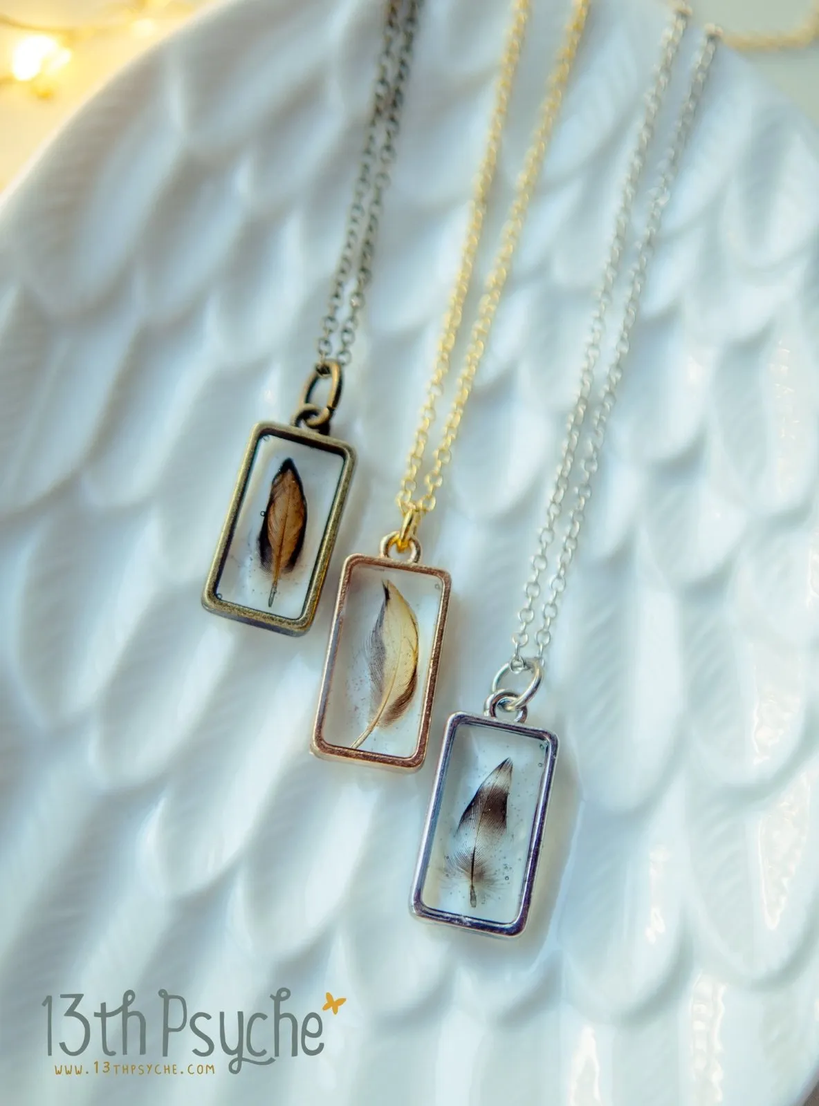 Square shaped resin pendant with real tiny feather necklace